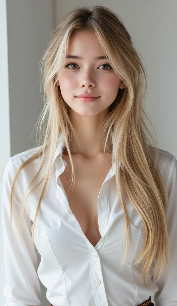 ((best quality, 8k, masterpiece: 1.3)), ((beautiful russian woman)), 1 woman, small breasts: 1.3, slim figure: 1.1, toned abs, blonde semi-long hair, (office, transparent T-shirt), super detailed face, detailed lips, detailed eyes, double eyelids, realistic photo