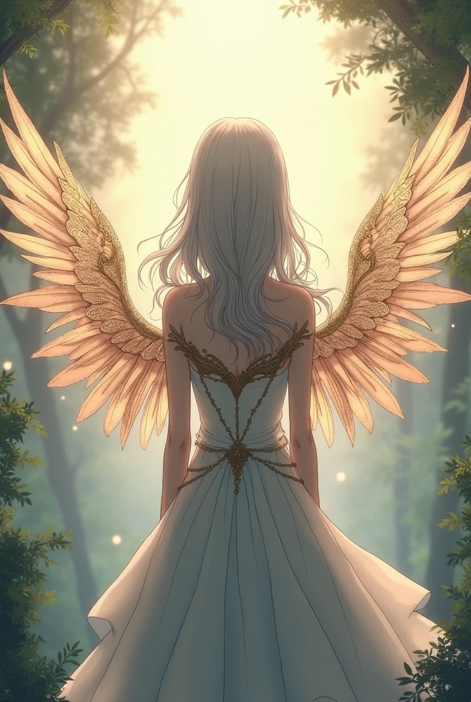 A beautiful 6-year-old celestial girl, drawn in a moe anime style, with a lively and attractive pose, impressive composition, attractive art design, and the use of watercolor textures, on her way through a forest full of nature. Cute design with a walking, delicate fantasy traveler costume. It has a soothing atmosphere ((6 large translucent angel wings grow from its back, making it look divine, like a seraph)), and it is a very delicate and beautiful forest rich in nature. Medium, wrapped in magical light with soft colors and gentle atmosphere, cute, soothing, lovely, dynamic, fantastic, magical fantasy, highest quality, highest image quality