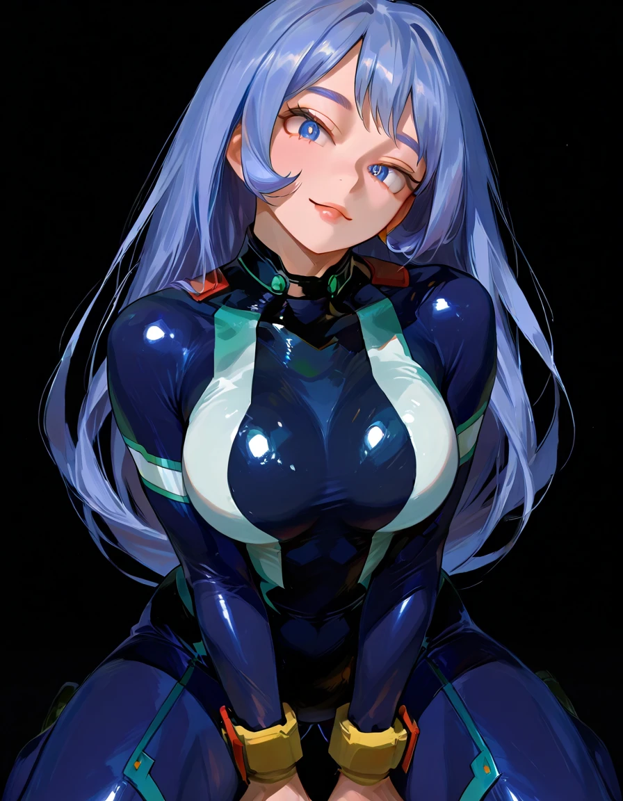 masterpiece, best quality, pov, <lora:HermitMio-000039:1>, harmit1, 1girl, solo, blue eyes, blue hair, long hair, twintails, facial mark, headphones, blush, bodysuit, arms behind back, shy, outdoors