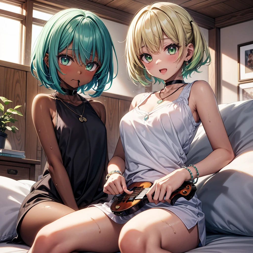 (masterpiece)(8k)(cute)(20-year old woman)(1girl:1.5)(solo:1.8)(laying on bed:1.5)(hotel:1.3)(wild messy hair:1.3)(short hair:1.3)(orange hair)(flat chest:1.6)(small breasts:1.6)(loose t-shirt:1.6)(lime green pupils)(glossy lips:1.3)(glossy eye-shadow:1.5)(cameltoe:1.5)(seductive pose:1.4)(smile:1.3)(mischievous:1.5)(cross-legged) rossdraws pastel vibrant, rossdraws cartoon vibrant, style anime 8k, beautiful portrait, artgerm colorful!!!, ! dream artgerm, beautiful anime girl, styled digital art, art wallpaper 8k, digital art, extremely detailed artgerm,