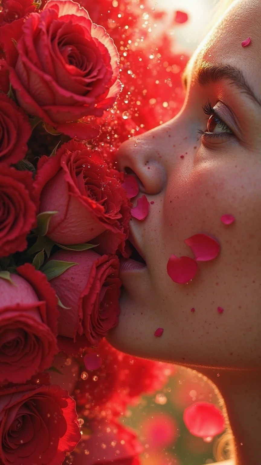 Close-up shot of a face being punched—not by a fist, but by an explosion of crimson roses. Petals burst outward in slow motion, their delicate edges tearing like silk. Tiny droplets of dew fly off the petals, sparkling in the golden sunlight. The person’s cheek dimples under the floral impact, strands of hair whip backward, and their eyes widen in a mixture of shock and enchantment. The background is a surreal garden, swirling with wind and petals, under a glowing pink sky.