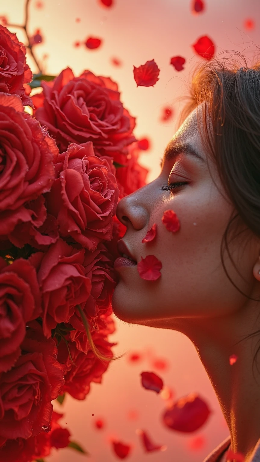 Close-up shot of a face being punched—not by a fist, but by an explosion of crimson roses. Petals burst outward in slow motion, their delicate edges tearing like silk. Tiny droplets of dew fly off the petals, sparkling in the golden sunlight. The person’s cheek dimples under the floral impact, strands of hair whip backward, and their eyes widen in a mixture of shock and enchantment. The background is a surreal garden, swirling with wind and petals, under a glowing pink sky.