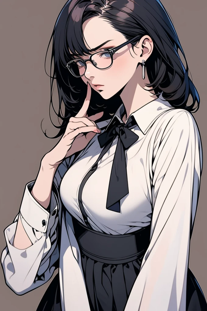 Smoking, turtleneck, glasses, eyepatch, shoulder length curly hair, jacket, annoyed, gigantic firm tits