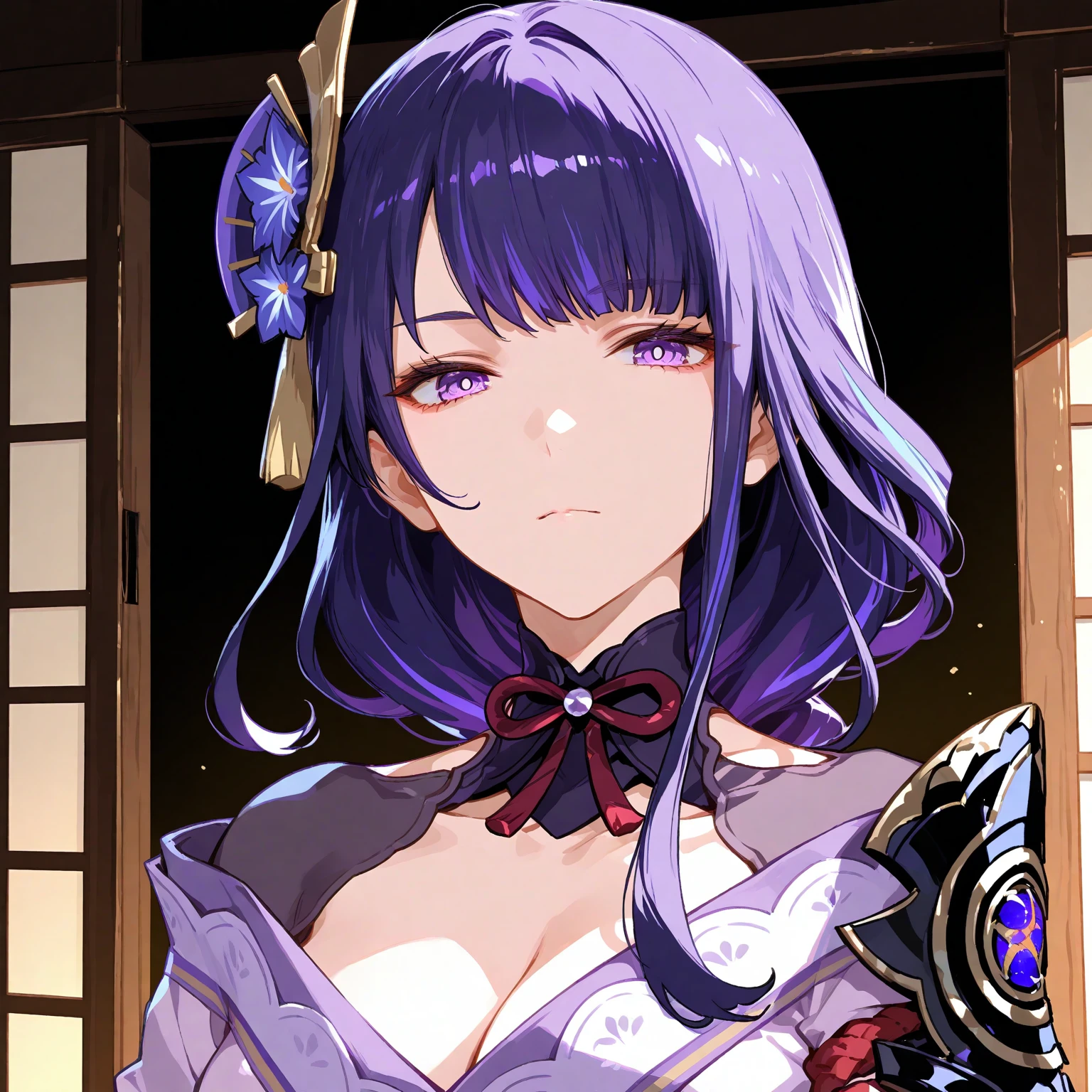 Cute sexy lobat style, One person, rail_Shogun, 一人in, purple_hair, Shine_eyes, Japanese_Clothes, purple_eyes, hair_ornament, 前hair, length_hair, Shine, chest, flower, Looking_in_Audience, Broke up_lips, kimono, sash, Mole, Mole_Down_eye, big_chest, hair_flower, ribbon, chestの谷間, heart, Braiding