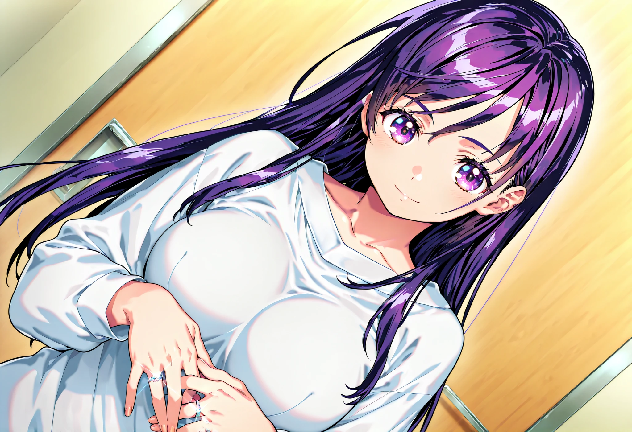 masterpiece, Highest Quality, newest, high definition, 1 girl on break day, Yokota Mamoru Style,motion line floating on impact,very straight nose, slim,thin face,perfect nose,staring at the viewer,charming smile、(顔up:1.core_9, score_8_up, score_7_up, game CG, BREAK Official Art , solo, 1 girl, one girl,
Hobara Naoko, purple hair behind closed doors, Purple Eyes, wedding ring,
general, upper body,
Dynamic angle, model pose,
(masterpiece:1.3), Highest Quality, high definition, Unity 8K Wallpaper, highly detailed CG, 8k,