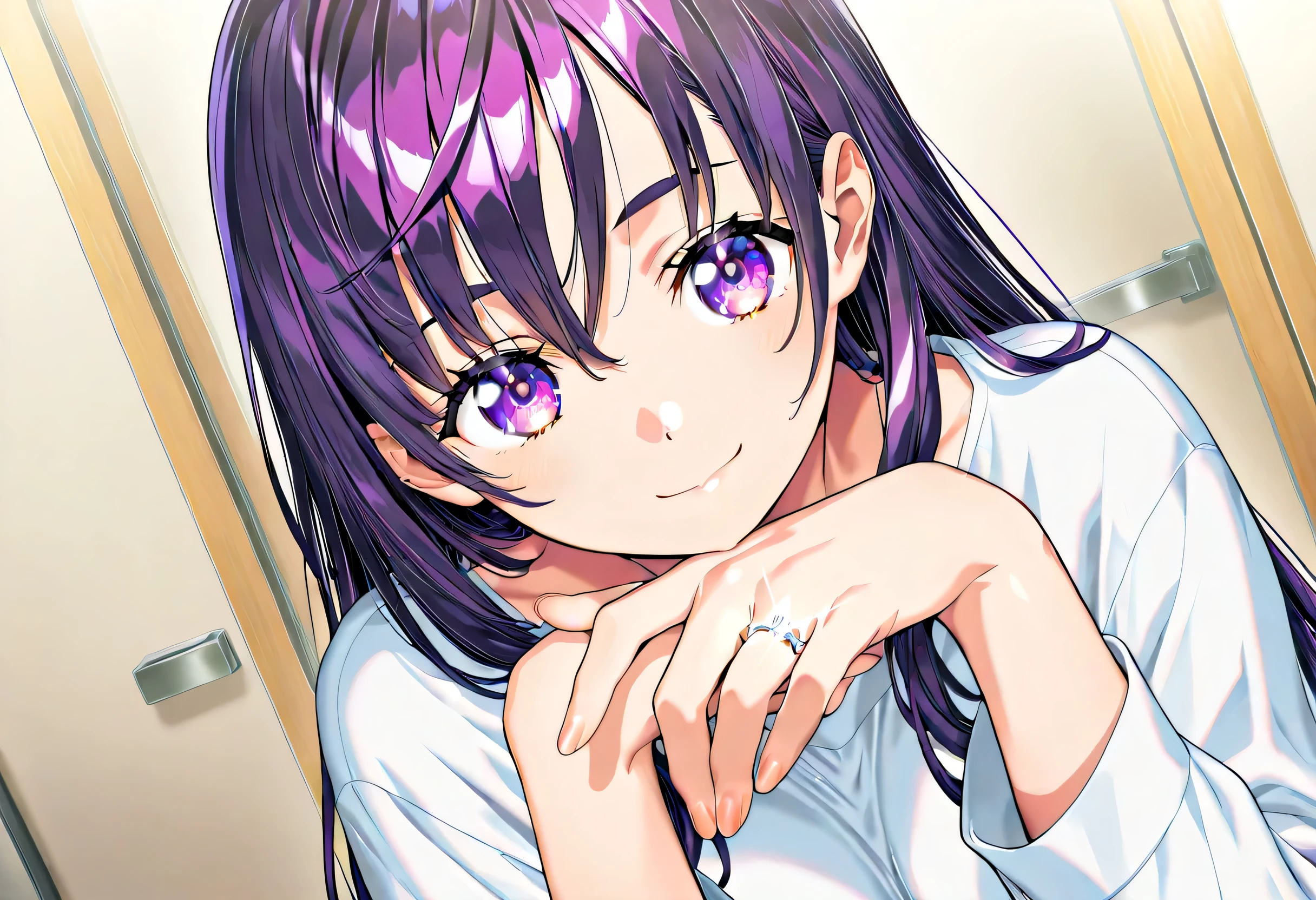 masterpiece, Highest Quality, newest, high definition,  1 girl on break day, Yokota Mamoru Style,motion line floating on impact,very straight nose，  slim,thin face,perfect nose,staring at the viewer,charming smile、(顔up:1.core_9, score_8_up, score_7_up, game CG, BREAK Official Art , solo, 1 girl, one girl, 
 Hobara Naoko, purple hair behind closed doors, Purple Eyes, wedding ring, 
general, upper body,
Dynamic angle, model pose, 
 (masterpiece:1.3), Highest Quality, high definition, Unity 8K Wallpaper, highly detailed CG, 8k,