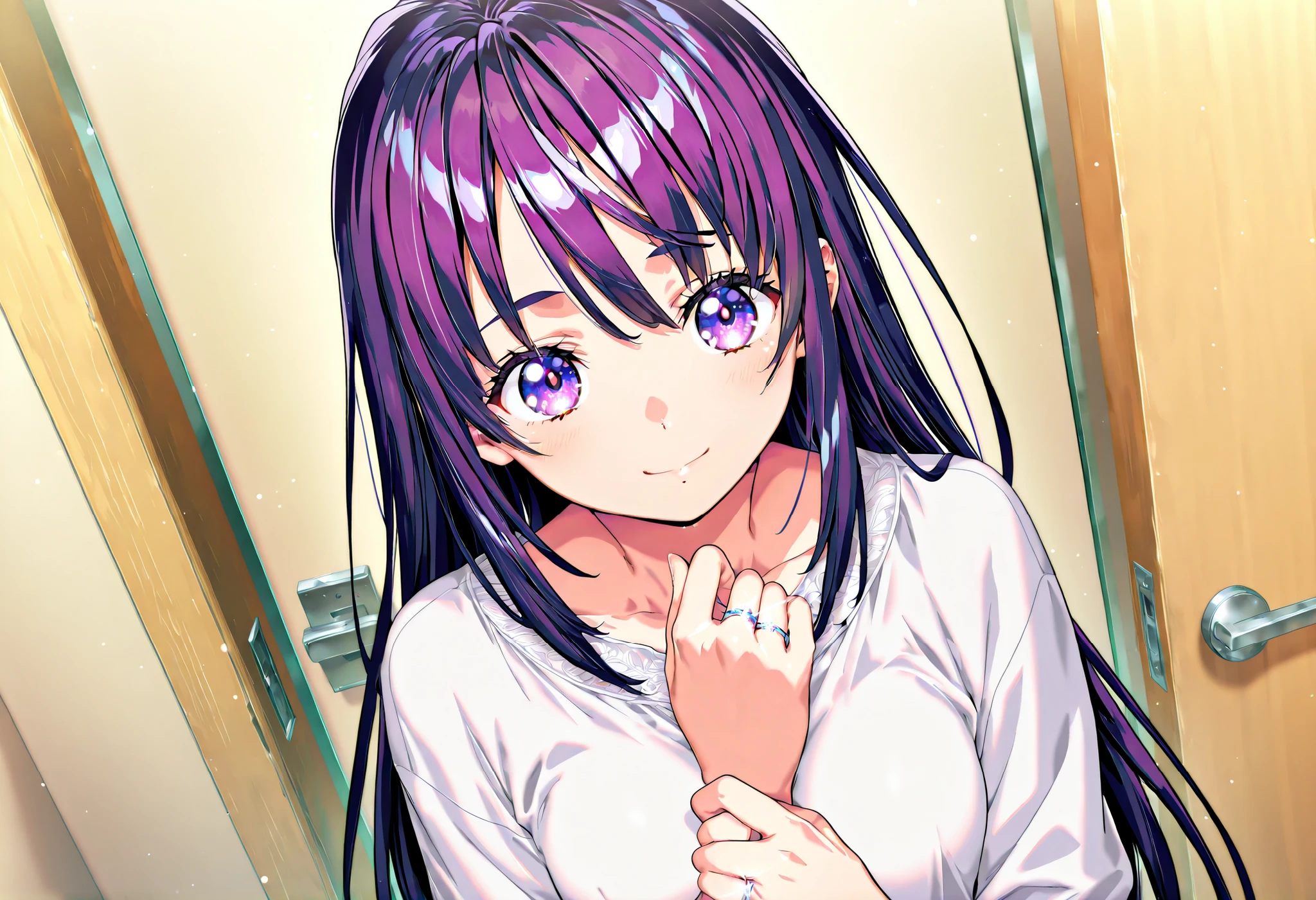 masterpiece, Highest Quality, newest, high definition, 1 girl on break day, Yokota Mamoru Style,motion line floating on impact,very straight nose, slim,thin face,perfect nose,staring at the viewer,charming smile、(顔up:1.core_9, score_8_up, score_7_up, game CG, BREAK Official Art , solo, 1 girl, one girl,
Hobara Naoko, purple hair behind closed doors, Purple Eyes, wedding ring,
general, upper body,
Dynamic angle, model pose,
(masterpiece:1.3), Highest Quality, high definition, Unity 8K Wallpaper, highly detailed CG, 8k,