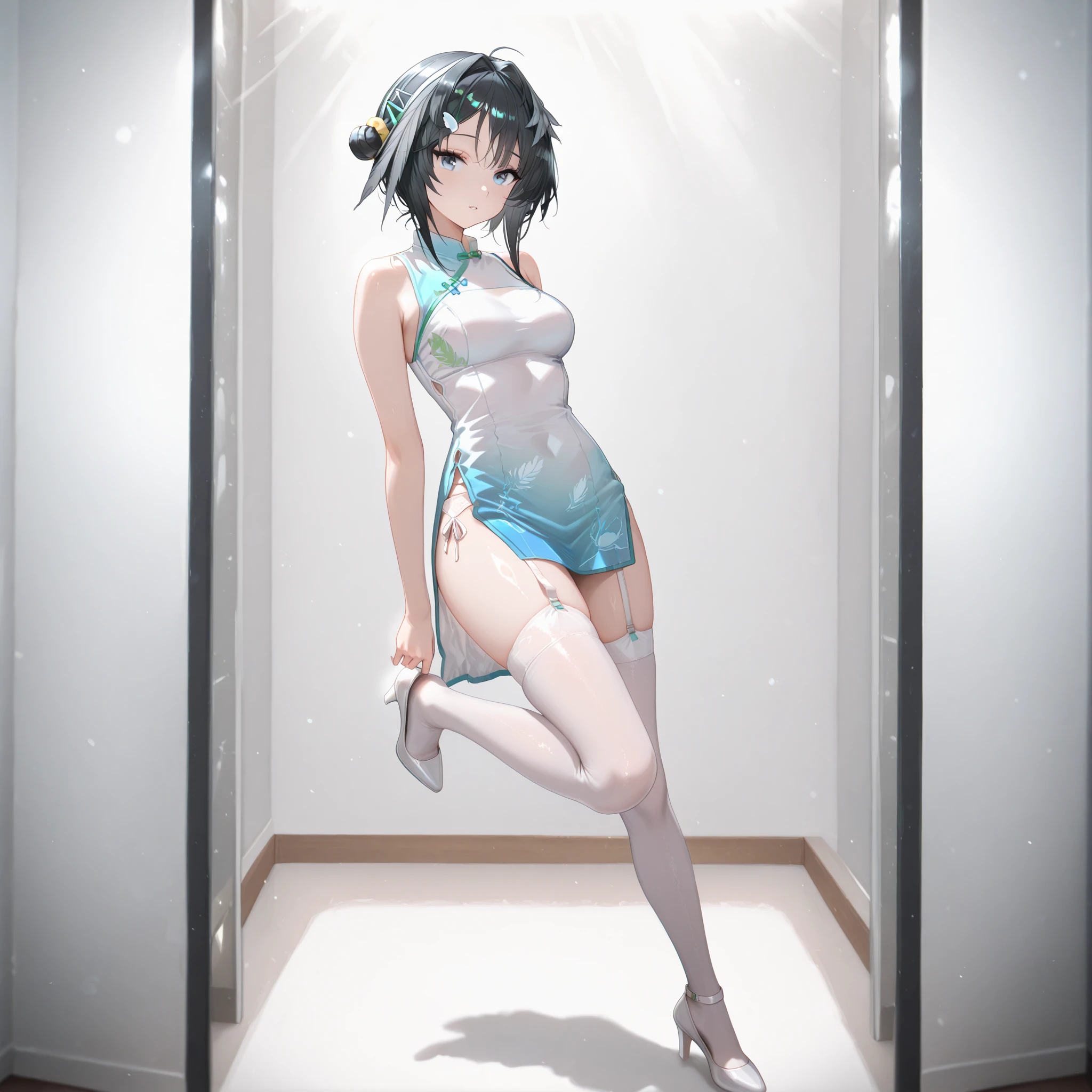 A woman wearing a white backless dress，He wears black stockings on his legs，Exposing the abdomen，The figure is good，The head is not exposed，The is very detailed，[ 4K realism ]!!, [ 4K realism ]!!!, [ 4K digital art ]!!, Realistic shadow perfect body, realisticlying!!!!!!! art-style, photorealistic anime, by Shitao, Popular topics on cgstation, Casual pose, realistic anime 3D style