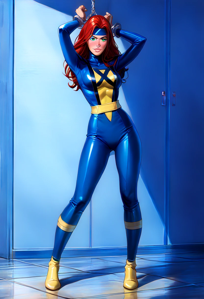 score_9, score_8_up, score_7_up, score_6_up, score_5_up, score_4_up, Sexy, Superheroine, Red hair, long hair, busty, ((blue highleg leotard with a t-back thong and a gold star insignia on chest)), gold boots, gold gloves