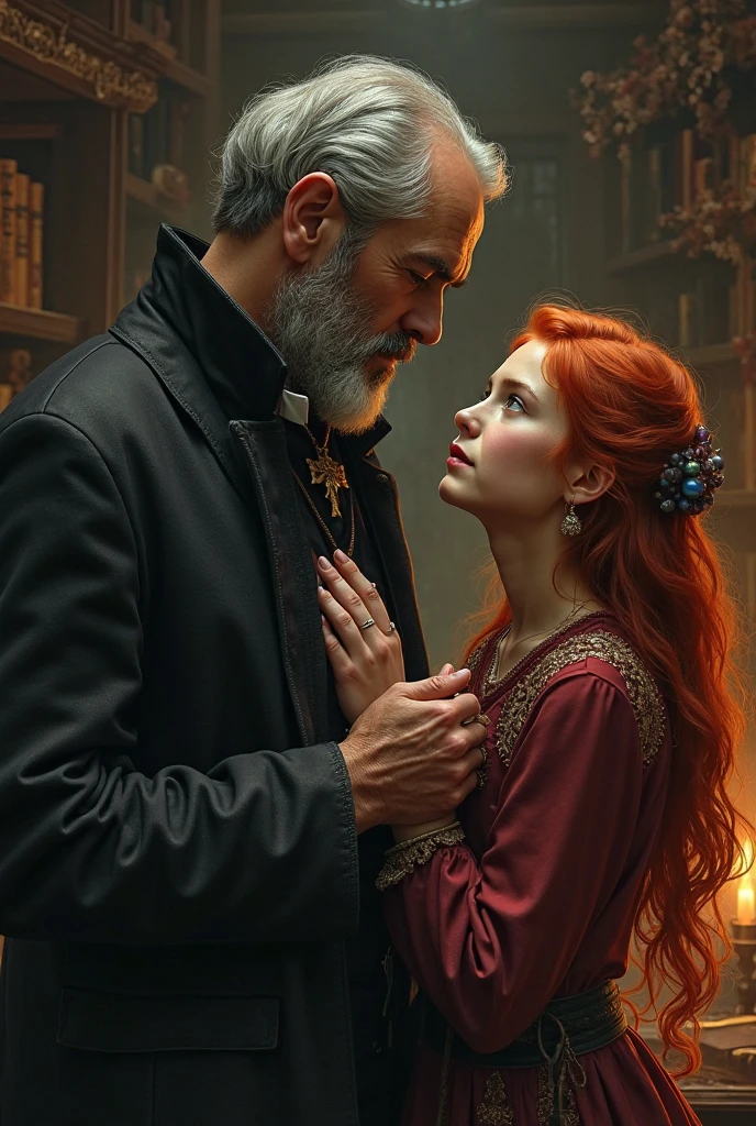 original, intricate detail, illustration, masterpiece, extremely detailed CG unity 8k wallpaper, highlight, sharpening, dynamic, bokeh, auburn hair girl, kissing old man, bdsm, leather, whips, tied up