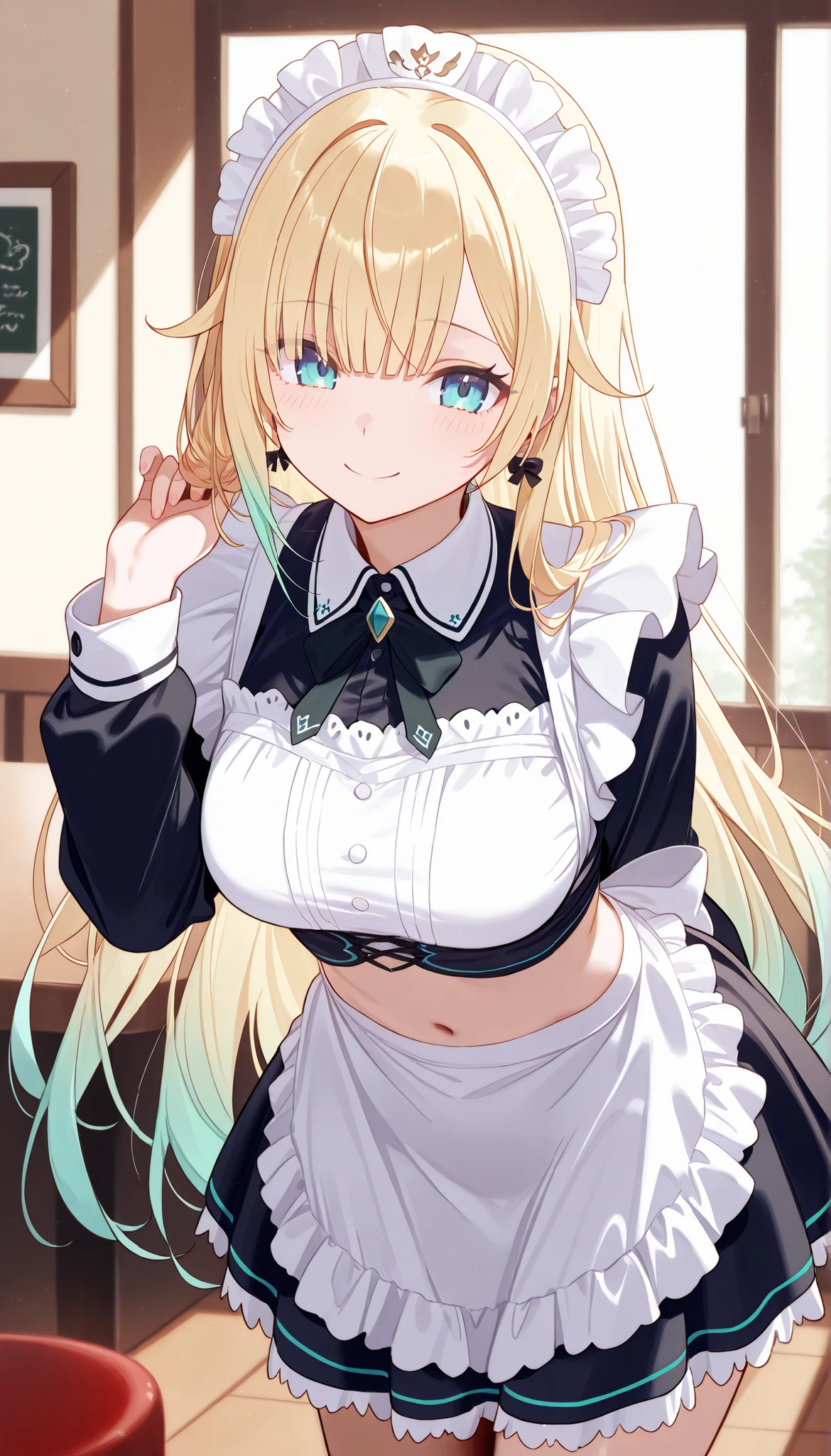 masterpiece, score_9, score_8_up, score_7_up, anime, pinup, masterpiece, full twinkle, perfect face, best quality, high resolution, 1 girl, aizawa ema, 1girl, virtual youtuber, blonde hair, aqua hair, gradient hair, long hair, very long hair, blunt bangs, blue eyes, large breasts, standing, navel, leaning forward, smile, madi apron, maid, maid headdress, long sleeves, short skirt, cafe, (arm behind back),