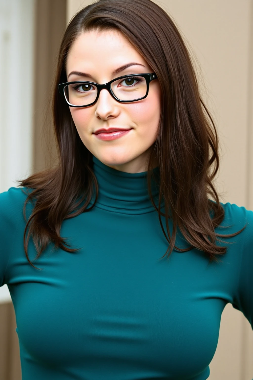 Caucasian woman 1.75 tall, light blue eyes, long black hair, pale skin and freckles, double E breasts, big butt. She is dressed as a secretary and wears glasses.
