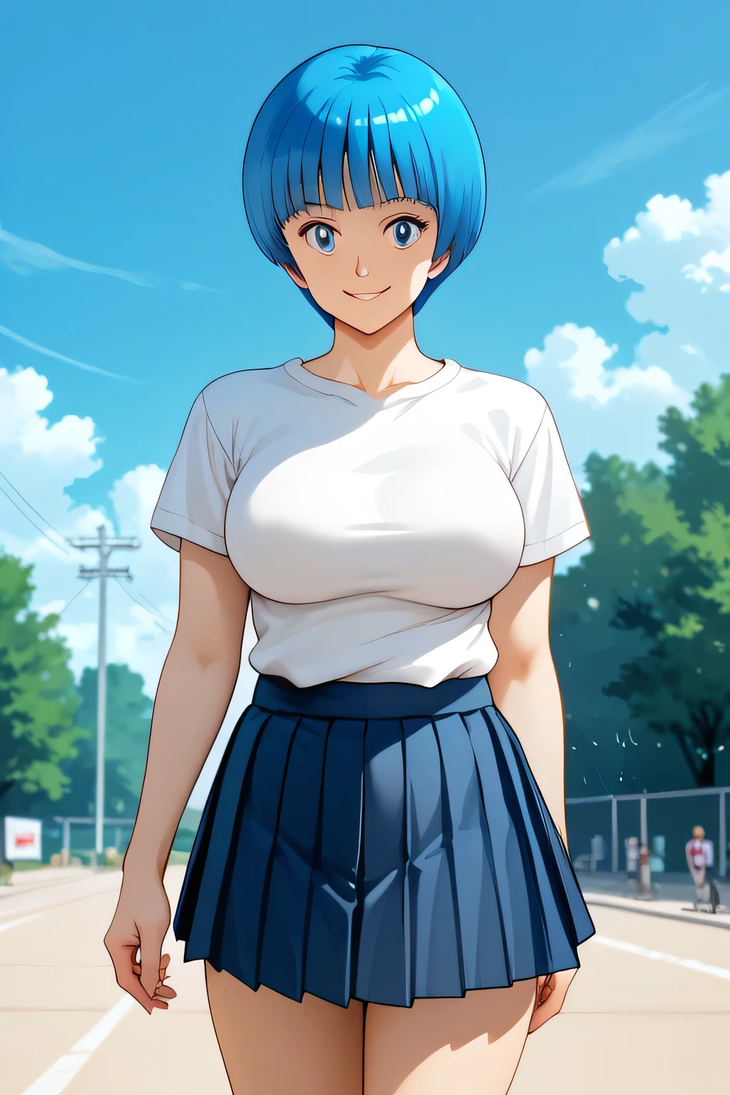 Score_8_up, Score_7_up, break, masterpiece, best_quality ,Ultra-realistic 8kCG,masterpiece,Smile, short boyish hair,((blue bob boyish cut)),outdoor,AOI YUME Masakazu Katsura drowning,anime,(1 person), AOI YUME ,close mouth , slit eyes ,ALMOND EYE,alone, ((Casual clothes random :1.19)),(( T-shirt:1.19)),((pleated Mini Skirt:1.16)) masterpiece,((outdoor background :1.59)),((large breasts:1.09)),((bare legs:1.09))