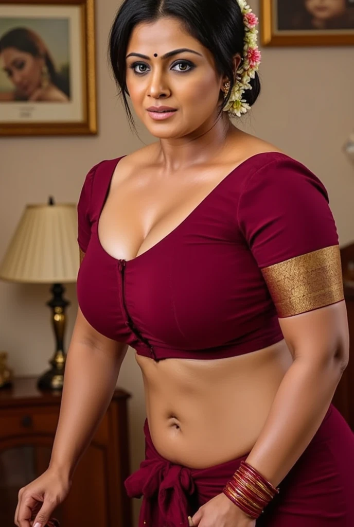 masterpiece, (((dark brown indian))), high-level image quality, depth of fields, beautiful mature women, curvy body, 40years old, up of face, Fancy makeup, abs, old yet fit athletic body, big tits, unhooked saree blouse, tamil village house room, (((muscular bodybuilder, lady)))