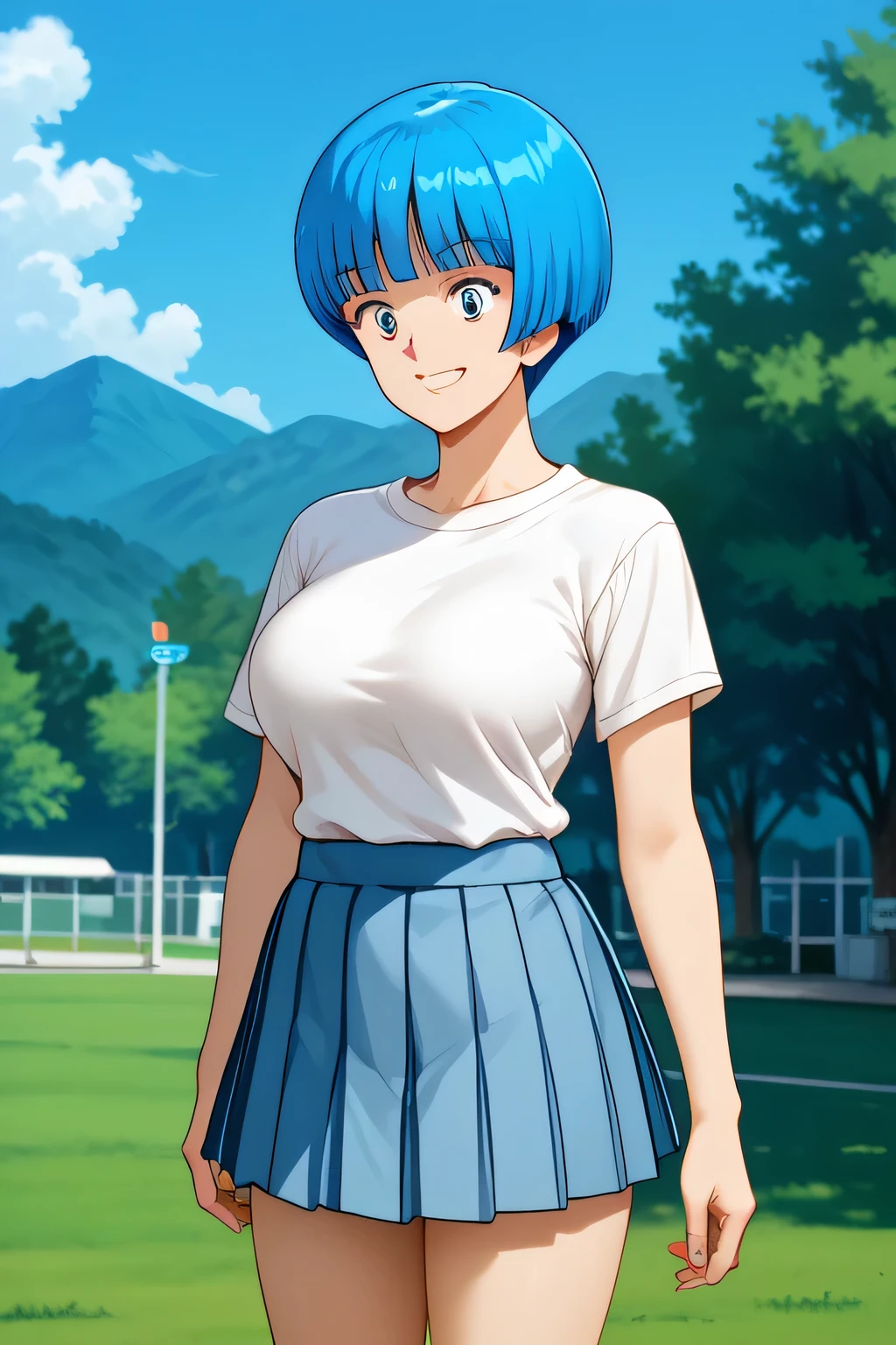 Score_8_up, Score_7_up, break, masterpiece, best_quality ,Ultra-realistic 8kCG,masterpiece,Smile, short boyish hair,((blue bob boyish cut)),outdoor,AOI YUME Masakazu Katsura drowning,anime,(1 person), AOI YUME ,close mouth , slit eyes ,ALMOND EYE,alone, ((Casual clothes random :1.19)),(( T-shirt:1.19)),((pleated Mini Skirt:1.16)) masterpiece,((outdoor background :1.59)),((large breasts:1.09)),((bare legs:1.09))