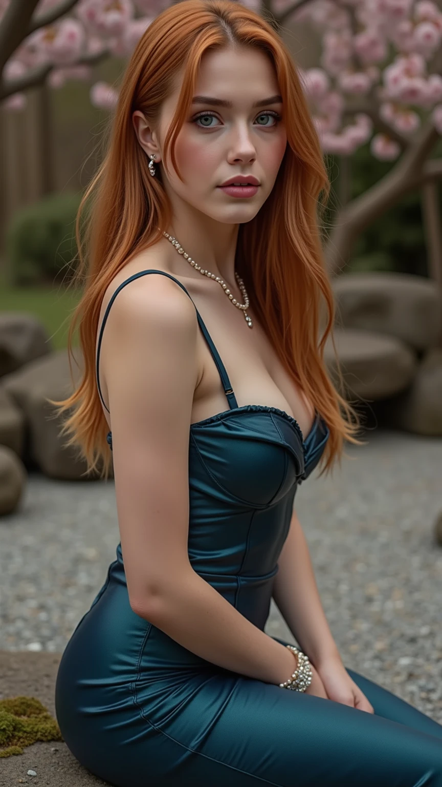 retro style, beautiful female model, glamorous body, Plump body, long haired person, curly orange-hair, smooth skin, blue eyes, flashy makeup, beige lips, dark eye makeup, ((draped halter neck dress)), open shirt, high heels, realist, outdoor, super realistic 8K, super detailed and realistic, posture sculpture, big ass, hair blowing in the wind