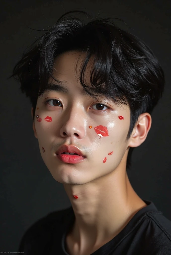 A handsome 20 year old Korean man with messy hair wearing shiny green-blue glasses that are anti-UV radiation without a shirt and shorts, there are several pictures of reddish brown lips on his neck, under his head, in the background of an elegant room.