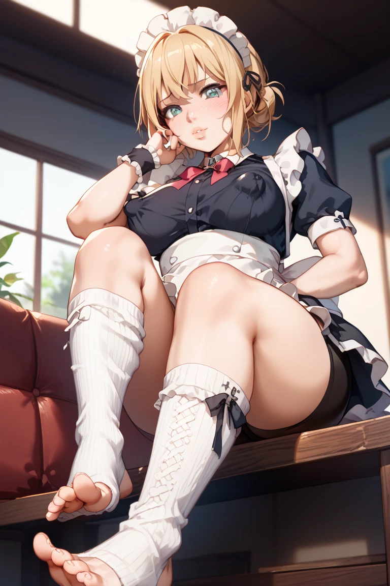(cute eyes:1.2), (sparkling eyes:1.2), (8K、Best image quality、highest quality、masterpiece)、Detailed face、(girls)、Improve、((Brown Skin:1.3))、blonde、Low Ponytail、Scrunchie、Yellow Eyes、Earrings、Wicked Smile、((Grin)), (glamorous:1.1), (huge breasts:), (Beautiful ass), (legs up:1.2), (Light blue striped micro bikini:1.1), Classroom Background, (black stockings:1.2), (Thighs:1.2), (Waistline)