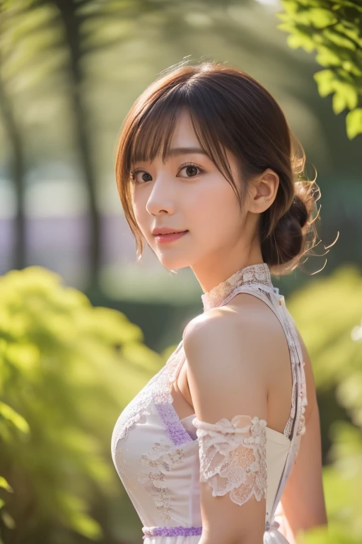 （1girll:1.0），(8K, Best quality, tmasterpiece), (Realistic, photo-realistic:1.37), ultra - detailed, adolable, 独奏, cute Japan woman,brown  hair,By bangs, curlies, hair over shoulders, pony tails,Beautiful and delicate eyes,Eyes speak，long eyelasher, Moisturizes skin, Professional Dress, V-neck white lace dress，Magnificent view，Titillating，Very sexy，and the sun was shining brightly,Beautiful detailed sky