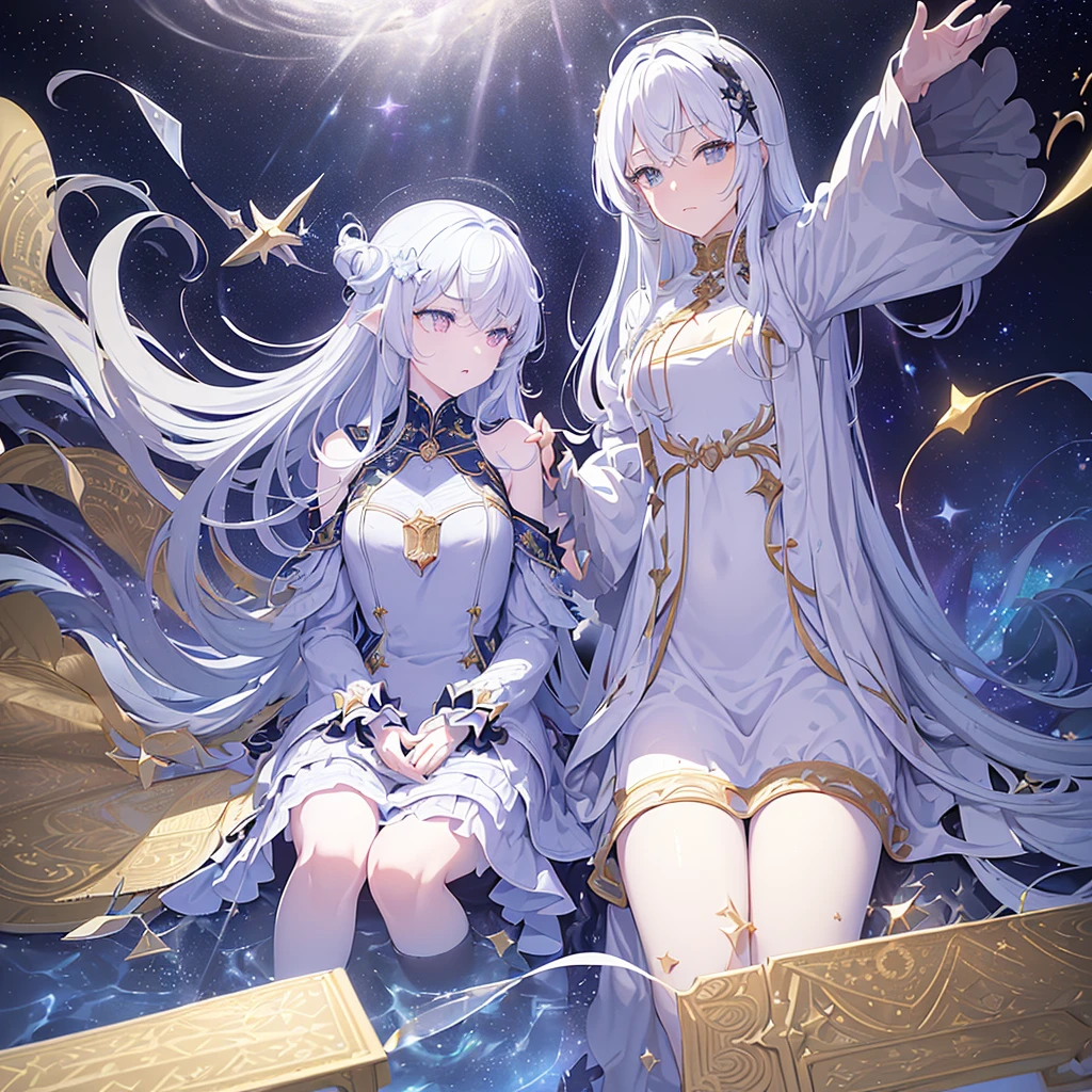 ((Masterpiece，full bodyesbian，in a panoramic view，symetrical composition，epic，grand，large angel wings，large wings，Delicate faces，Long-haired, slender girl with angel wings smiled and looked ahead，The halo on the head，The body is suspended in the air，Tulle long dress，Surrounded by holy light，Backlight，Dove，Suspended palaces，blue-sky， Long flowing white hair，schoolgirls，angelicales，long  skirt，being thin，beautiful blueish eyes，Thin clouds floating around，Extreme light and shadow))，High details，Best quality，8K，（Soft light），Cinematic light，Beautiful eyes,long white socks，cozily，clean and meticulous anime art，art trend，gentlesoftlighting，Extreme light and shadow