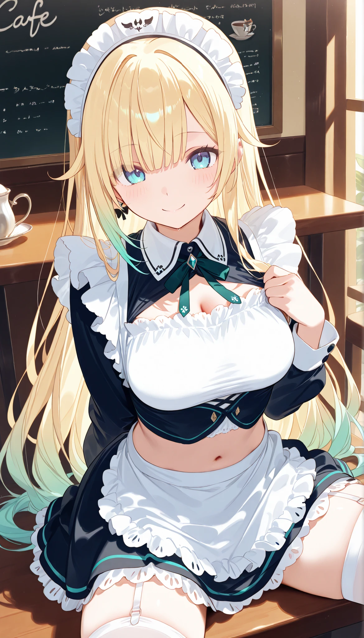 masterpiece, score_9, score_8_up, score_7_up, anime, pinup, masterpiece, full twinkle, perfect face, best quality, high resolution, 1 girl, aizawa ema, 1girl, virtual youtuber, blonde hair, aqua hair, gradient hair, long hair, very long hair, blunt bangs, blue eyes, large breasts, spread legs, sitting, navel, smile, madi apron, maid, maid headdress, long sleeves, short skirt, cafe, (arm behind back), white panty