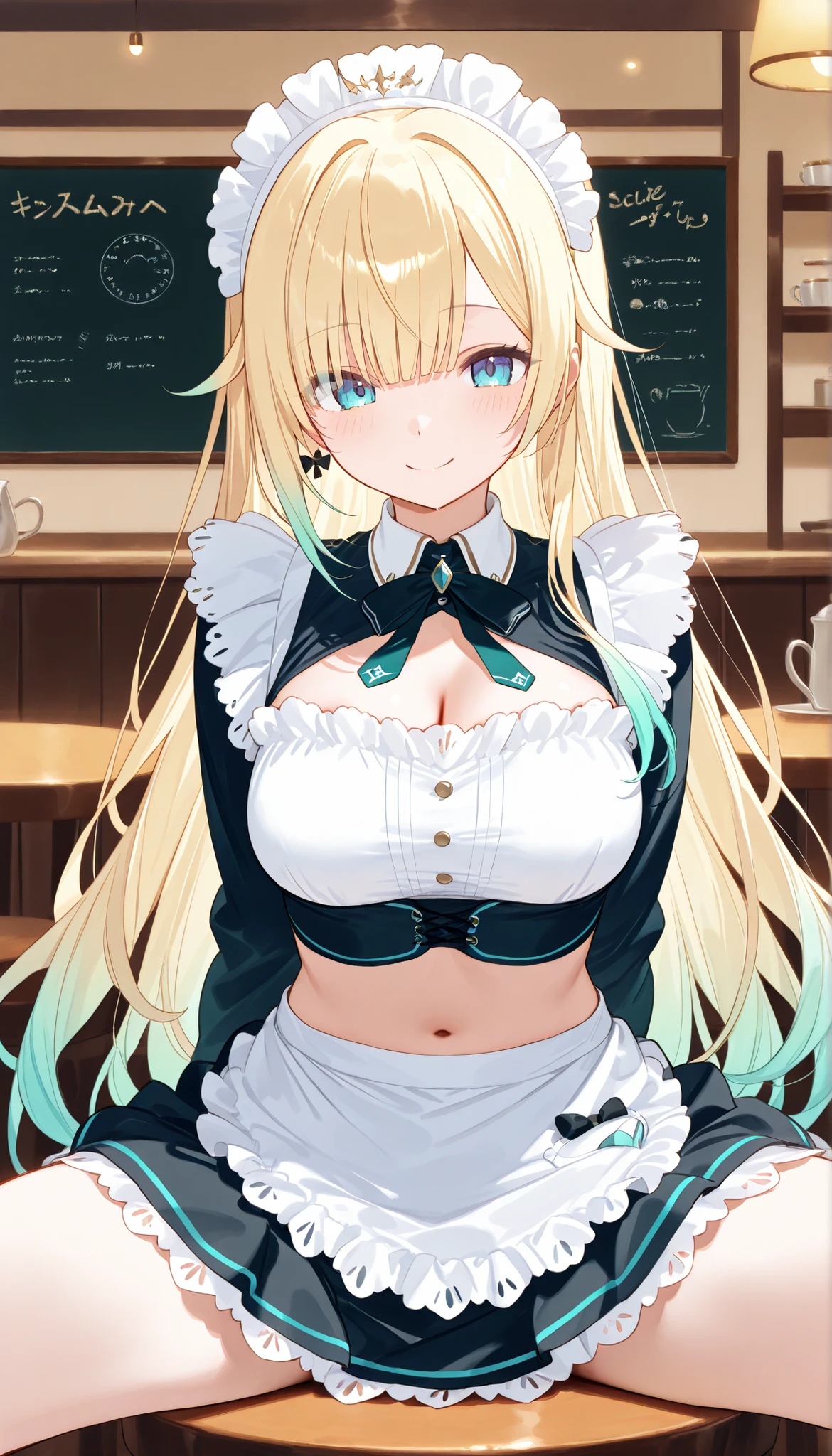 masterpiece, score_9, score_8_up, score_7_up, anime, pinup, masterpiece, full twinkle, perfect face, best quality, high resolution, 1 girl, aizawa ema, 1girl, virtual youtuber, blonde hair, aqua hair, gradient hair, long hair, very long hair, blunt bangs, blue eyes, large breasts, spread legs, sitting, navel, smile, madi apron, maid, maid headdress, long sleeves, short skirt, cafe, (arm behind back), white panty