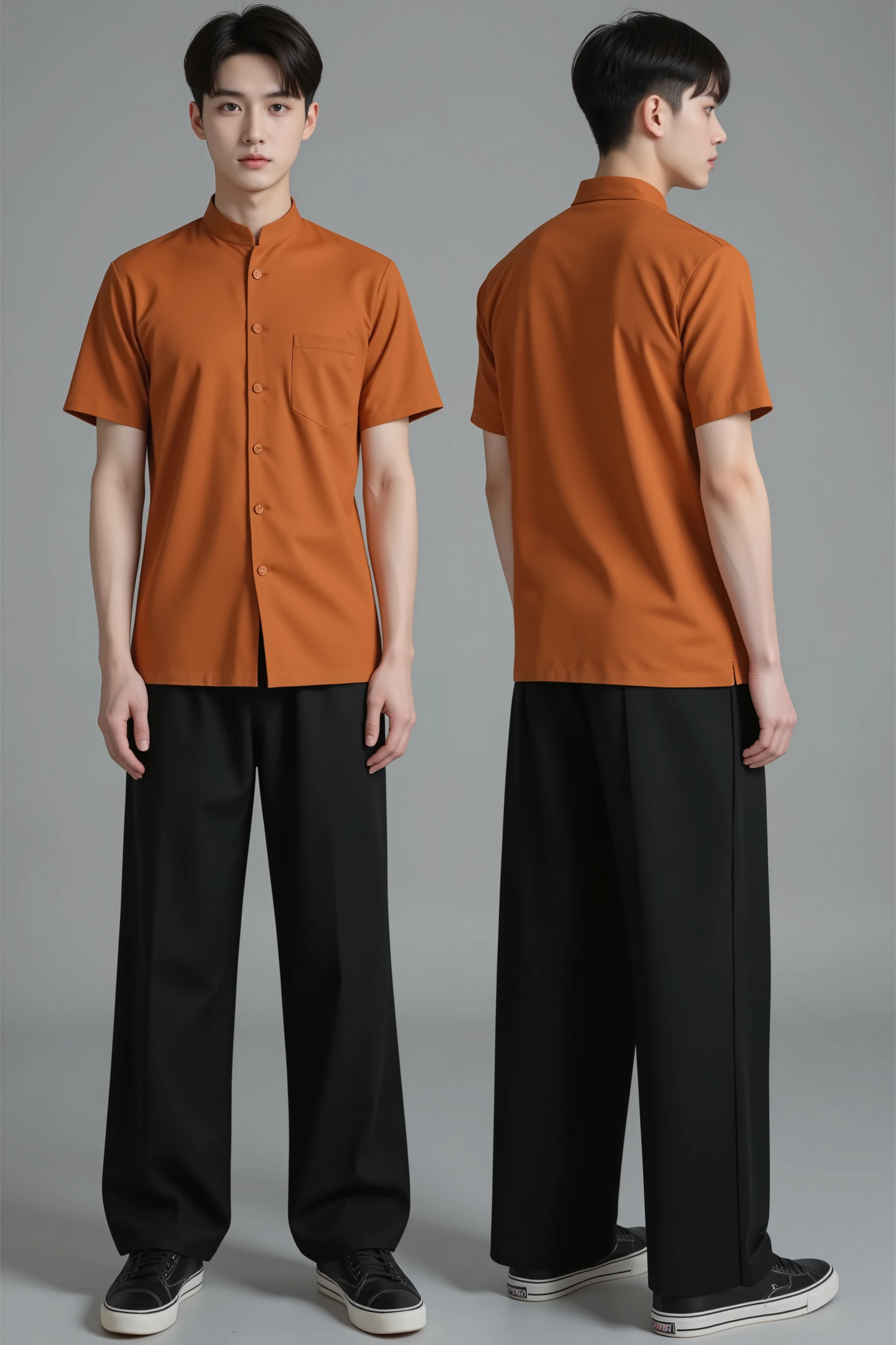 A realistic photography, ultra HD, super like a real, detailing, high resolution, perfect  mockups a a man, Indonesia face, 175 cm, 25 years old, clean face, slim body, tall body. Shortcut hairstyle with dark orange colours suit, Mandarin collar, short sleeve, two pocket innthe bottom of shirt with long black pants  and black sneakers. in two positions in front  and back. Grey background 