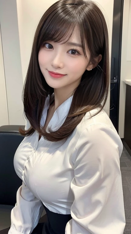 masutepiece, Best Quality, Illustration, Ultra-detailed, finely detail, hight resolution, 8K Wallpaper, Perfect dynamic composition, Beautiful detailed eyes, japanese office uniform, long black hair, medium large breasts, slender figure, natural color lip, Bold sexy poses,Smile, office、20 years girl、Cute sexy shot looking at camera, full body shot