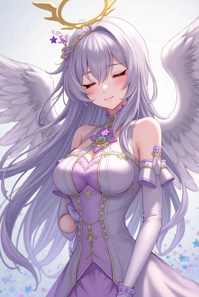 Make a girl sitting on the floor in the middle of a field of roses lots of flowers with huge angel wings a white strapless dress with fine lace trim her eyes are looking at the viewer girl sitting in a heroine uniform tight fitting clothes black details with purple clothes symbolizing telekinesis yellow details gold flying hair purple telekinesis effect
