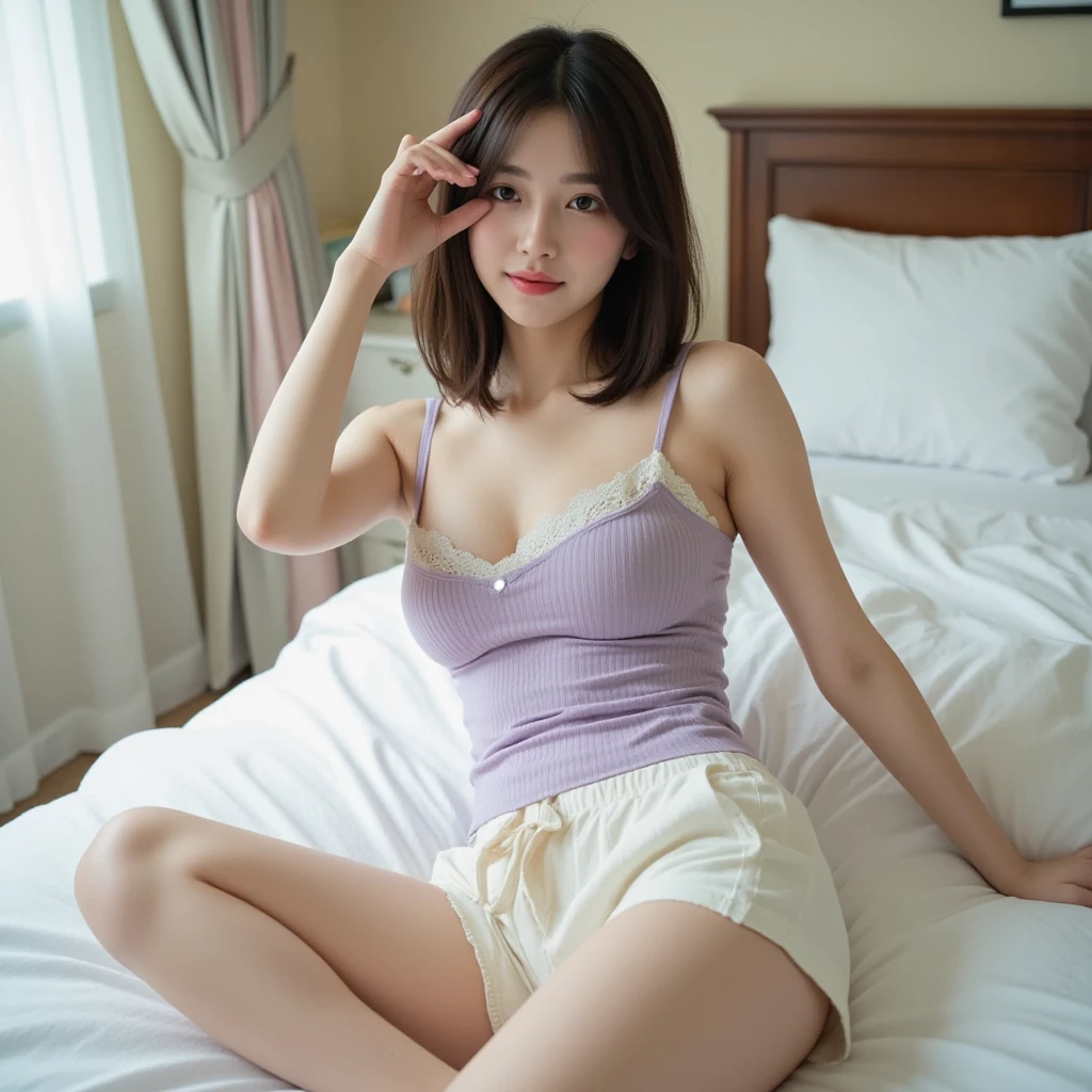 masterpiece, Top image quality, hight resolution, 8K, 独奏, Colossal tits, A MILF、astonished face、Light purple short blouse, Latina, Jumping Window, frombelow, Both thighs are exaggerated, obscenity、a bed, undergarment, hard breathing, Open legs