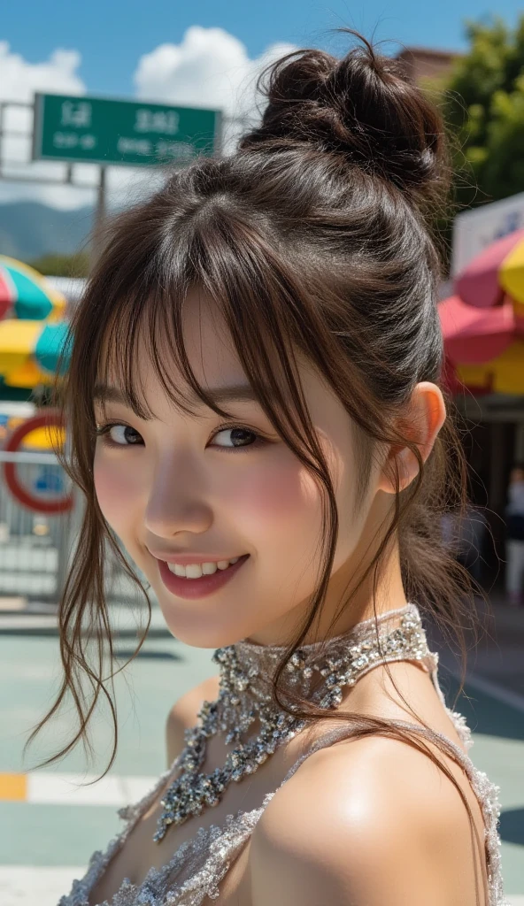 solo girl,stand in the park,casual summer knit dresses,(flower hair ornament,Braided top knot,Twisted side part ponytail braided headband,half up、Braided Space Van,voluminous fishtail braid,Twisted pan),(The bangs are see-through bangs),(((emphasize the chest:1.3))),(dynamic angle),(dynamic and sexy pose),(lean forward:1.3),(((a majestic statue))),Disturbance of clothing due to movement,Breast flick,hairpin,necklace,earrings,Beautiful woman,.perfect face,With a round face,(A smile that makes people happy:1.7),big and full breasts,,intricate details,very delicate and beautiful hair,realistic,dream-like,realistic shadow,focus only,beautiful hands,beautiful fingers,Detailed functions of fingers,Detailed features of the garment,Detailed characteristics of hair,detailed facial features,、(professional lighting),(Photoreal:1.3),(RAW photo.),(highest quality,Ultra high resolution output image,) ,(8K quality,),(Image mode Ultra HD,)