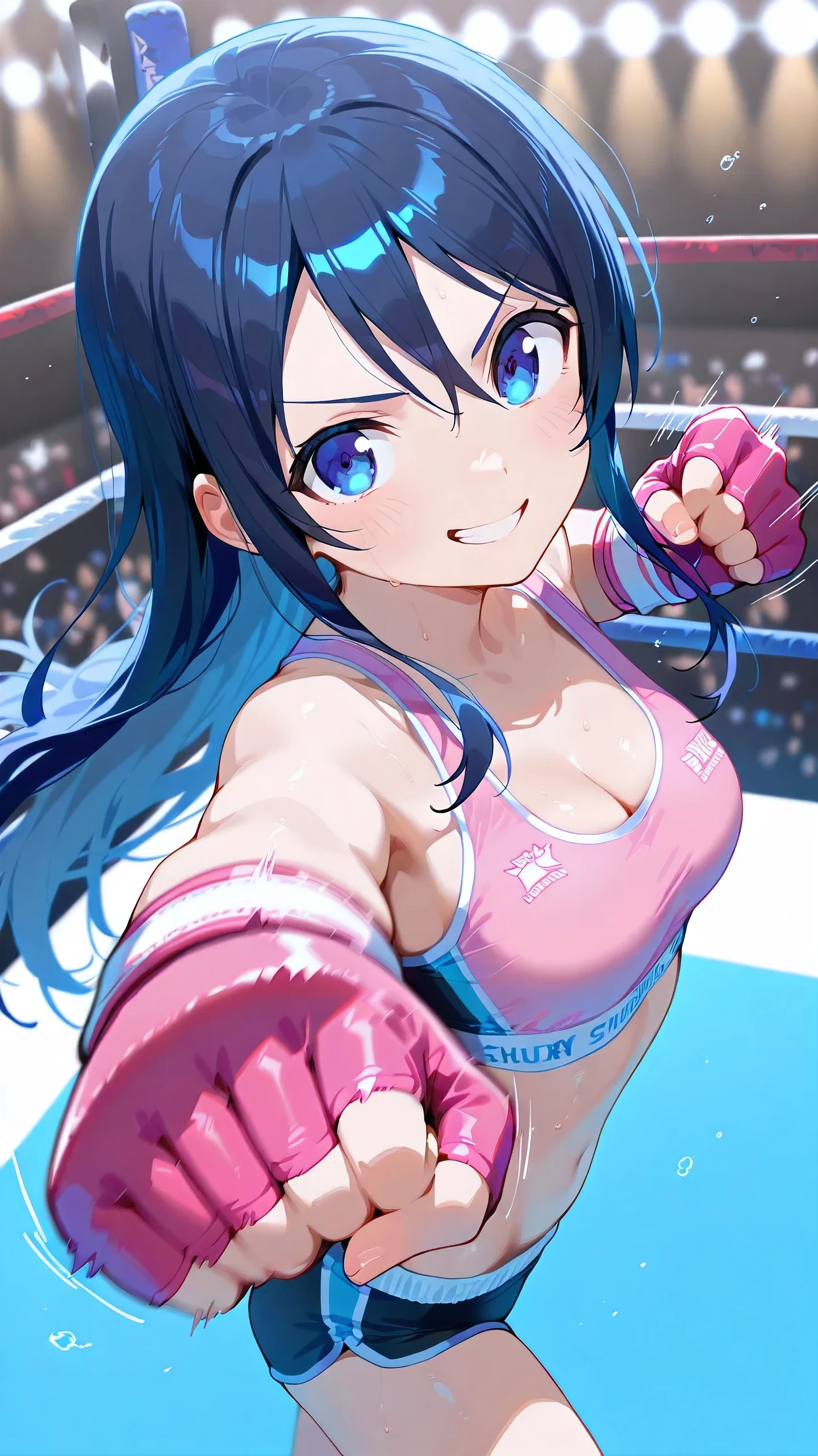 ayase aragaki, long hair, blue eyes, black hair, solo, Detailed eyes, pink sports bra, pink sports very short spats, pink fingerless gloves, thigh, cleavage, slim long legs, medium breast, serious grin, looking at viewer, Detailed eyes, Detailed face, from side-above, upper body shot,
p4nch, punching, clenched hand, motion lines, motion blur,
boxing ring, spectator seats, (depth of field).