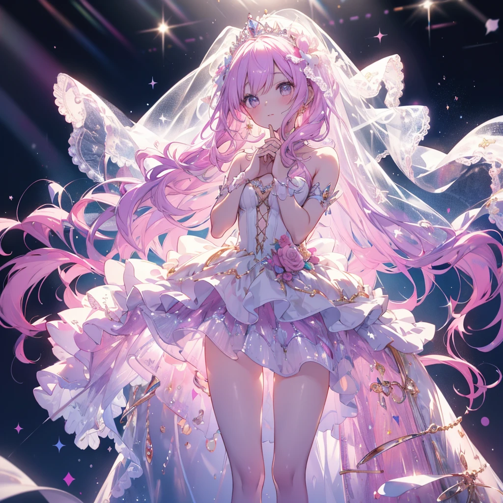 (8K, masutepiece, Highest Quality, Best Quality, Official art, Breathtaking beauty and aesthetics, highly detailed, best masterpiece in history that exceeds limits, Breathtaking and beautiful lighting:1.2), (1 Girl, Solo), (16 years old), (Beautiful detailed face), (shiny white skin), (Beautiful big bust, cleavage:1.3), (thighs), (Beautiful detailed pink twin tails hair, Bangs:1.3), (beautiful detailed drooping pink eyes:1.5), break, (purple theme, Beautiful mysterious sensational fantastic bellydancer, See-through intricate lace, cute bow ribbon, See-through frill, silver thread, Diamond), (Beautiful Luxurious Diamonds Tiara), (happy Beautiful Gentle cute innocent smile:1.2), (sensational, Attractive, amazing, Beautiful, Elegant, Luxurious, magnifica, Eye-catching, Graceful, Everyone loves it, Healed, cute like an idol, Stylish like a fashion model, Goddess-like grace, Look at the camera, dancing), breathtaking scenery, (ultra detailed realistic Breathtakingly beautiful mysterious fantastic Kaleidoscope, psychedelia, abstract art, mysterious purple butterfly:1.2),