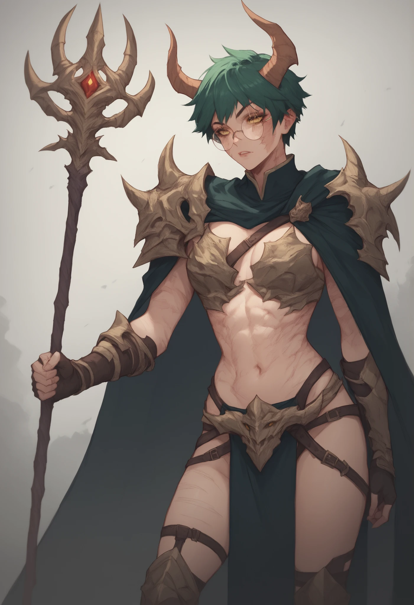 green hair, yellow eyes, round glasses, scars on body, scar, burn scar, demon girl, horns, full necromancer armor, cape, light red skin, rpg character, necromancer, holding staff