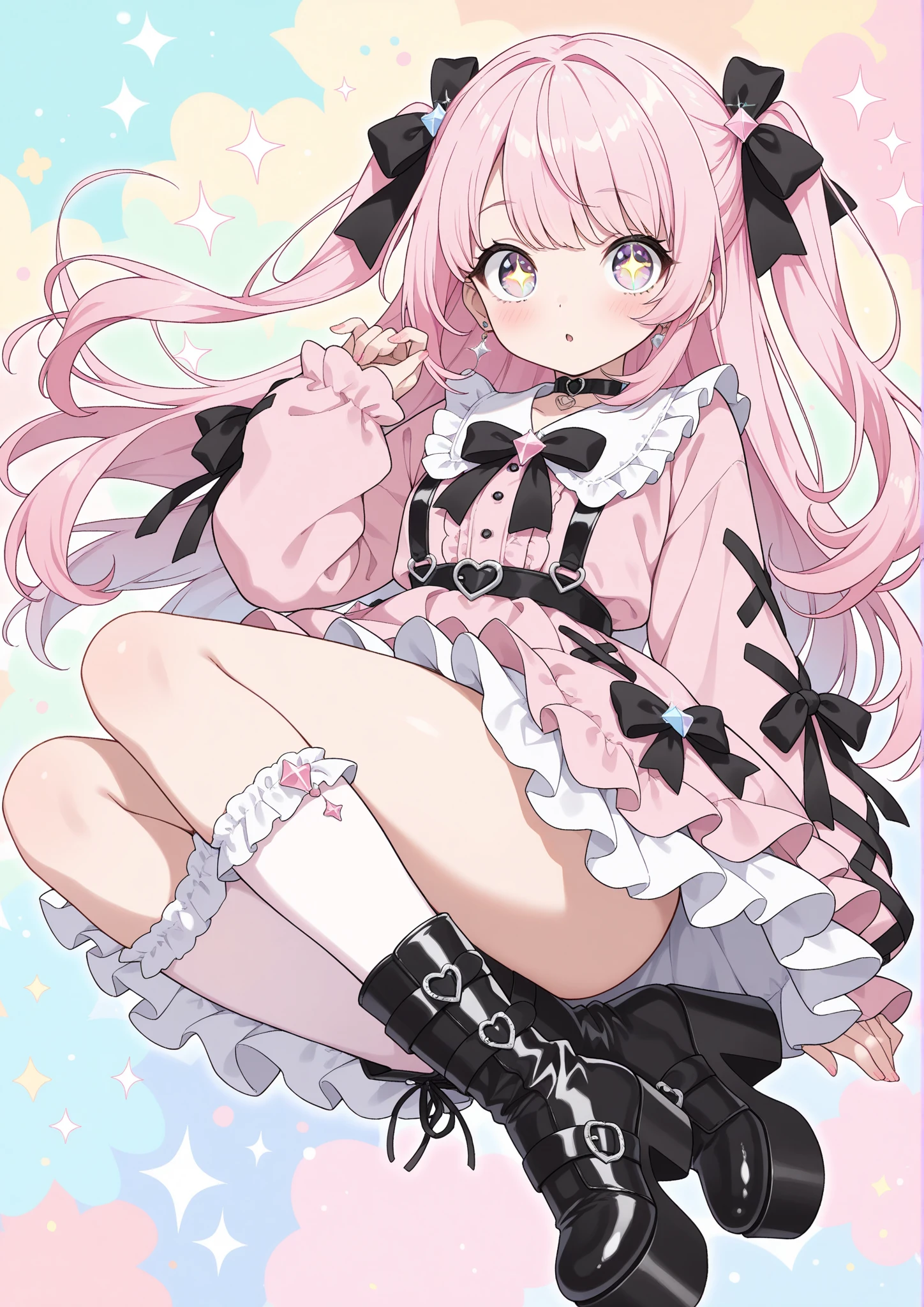 Lucky Chloe is shown to have long, possibly ankle-length blonde hair tied into two mid-centered ponytails. Lucky Chloe wears a furry, pink, bolero jacket with a white interior that continues to the underside of her arms and hands. Her name is printed on the back in a large, pink and white design with a black border. The portion of her jacket which covers her hands has a large button design on the palm and smaller buttons on all fingers but the thumb, in the style of a cat's paw. She wears the jacket over a pink and black dress with a short, ruffled skirt, with laces at the back leading to a large pink bow. Below this bow is a small, pink, heart-shaped clip which holds in place a tail. At her hips appear to be small pink speakers. She also wears black thigh-high stockings with a keyhole design in the front with a tiny heart at the top and pink knee pads, as well as a pair of pink and white high top shoes with black straps. She accessorizes the outfit with a pair of pink headphones shaped into cat ears at the top. SPARKLE; GLITTER