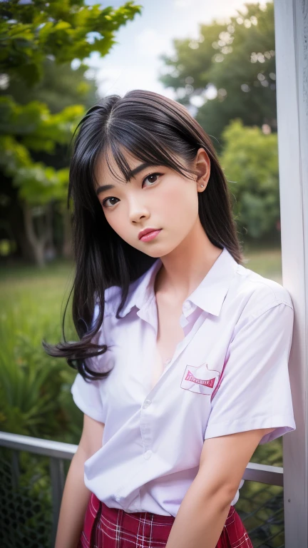 (Squat down and spread your legs wide:1.9、A girl showing off her white panties)、Front low angle:1.5、(White blazer uniform、White and purple pleated skirt)、((highest quality)), (Super detailed), (8k ),Raw color photography, Professional photography,  Great face and eyes, Skinny、Model Style、Outdoor、Natural light:1.4、((Focus on panties))、(Light shines on panties)、Blonde Hair、Mesh Color、Small breasts:1.3、Earrings、Hands on cheeks、Thin thighs、smile、