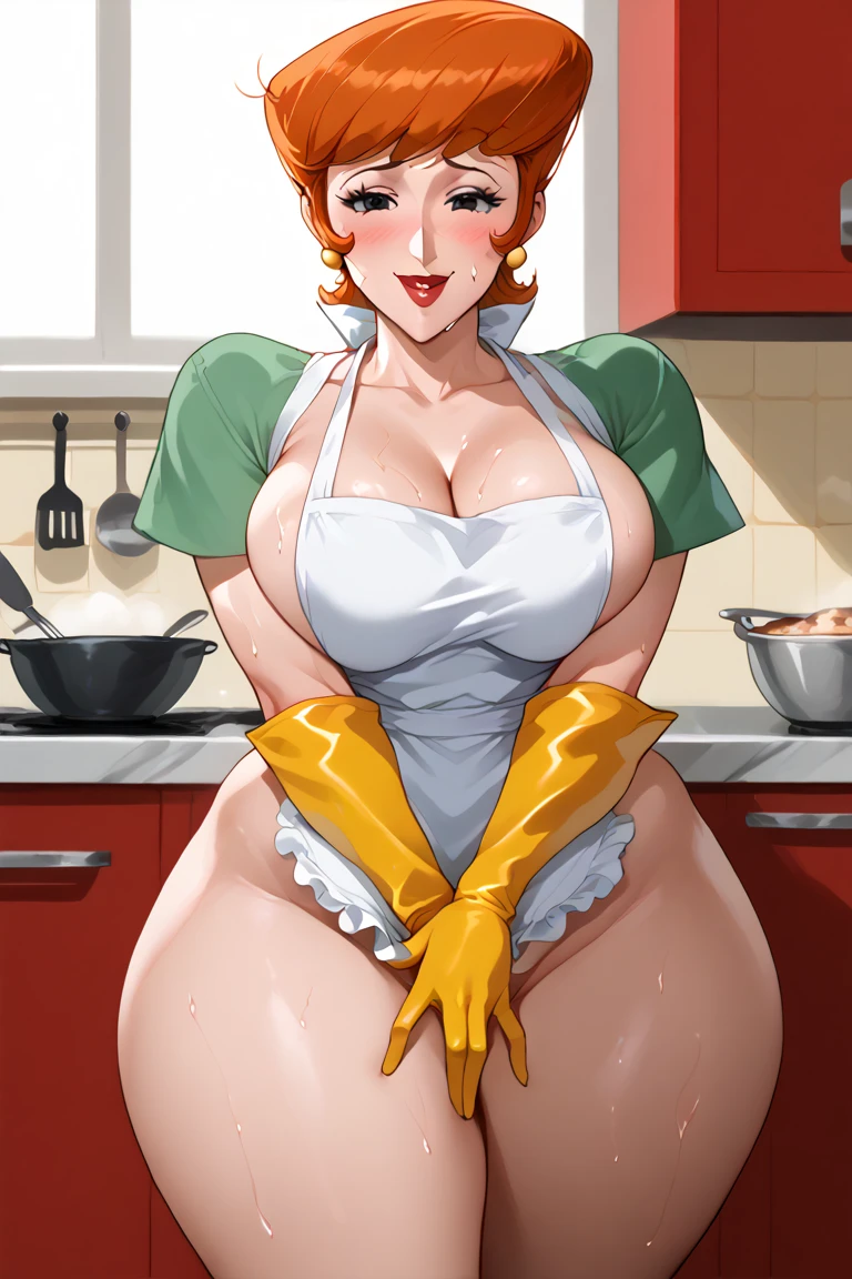 sexy black bra, annoyed, flushed vestido verde, white apron black bra, Red hair, short hair, in a kitchen, very big breasts, black stockings, garter belt in each stocking., cum on her breasts. flushed. 