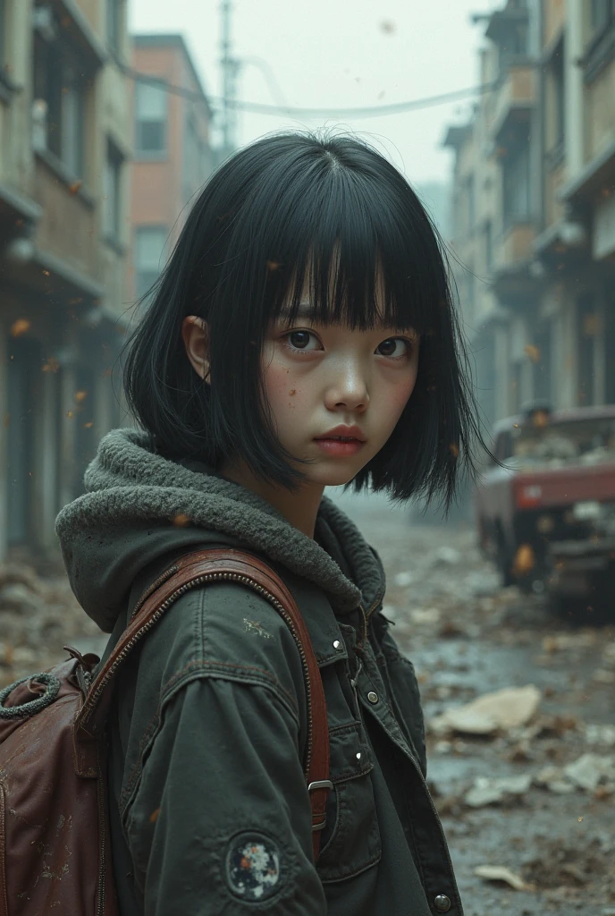 Bobcut,Downtown at night,Begging,(((Homeless))),Bad complexion,,Korean,Adult female,Pitch black,Tattered clothes,((( in a destroyed city,Oil,Mud stains,shit,dirty))),Expressionless,Glaring,Perfect Face,(((Big eyes))),