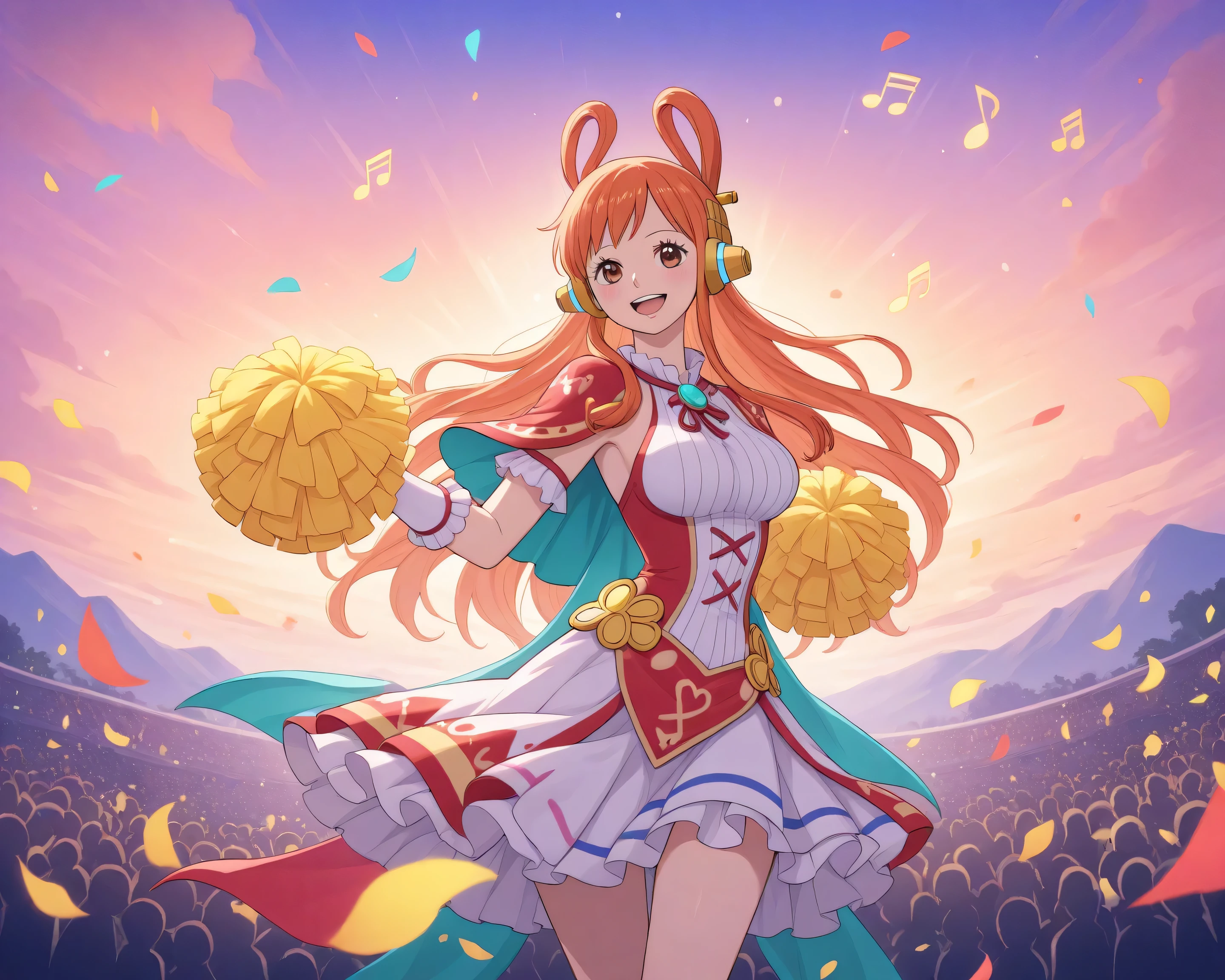 Uta from “One Piece Film Red” performing a fantasy concert on a vast stage, wearing a radiant, colorful outfit emitting a mystical aura. Beams of soft light rise into a pastel-colored sky, with floating musical notes and silhouettes of cheering fans. The entire scene is rendered in a delicate watercolor style, with soft, bleeding colors and gentle brushstrokes creating a dreamlike atmosphere.