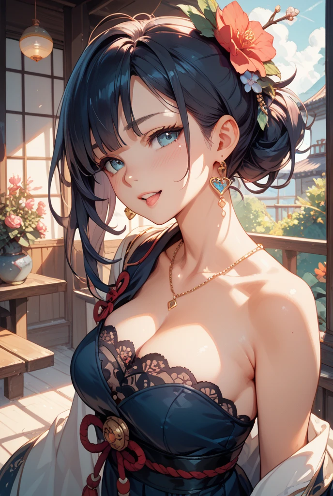 best quality, 1girl, masterpiece ultra detailed, illustration, yang guifei, glossy lips, blush, short hair, light smile, halter-top dress
