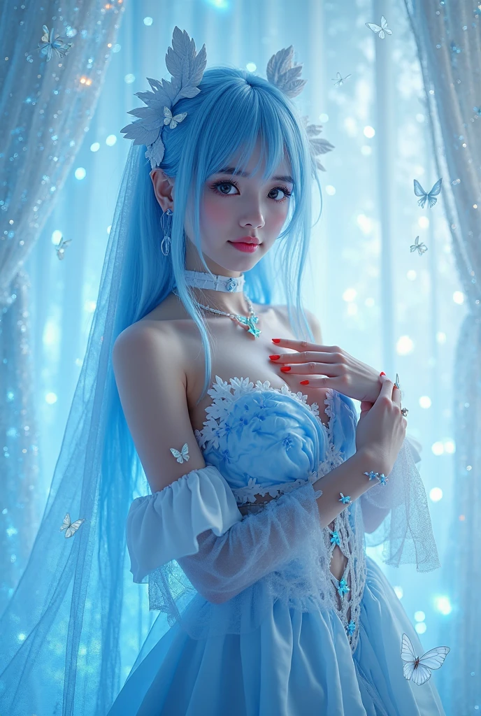 Fashion photo of blue human avatar, Entwined with flowers and blue ribbons, in a white lace dress, in the blue lush jungle with flowers and birds, 3d визуализация, .........CGI, symmetric, Octane Render, 35 mm, bokeh, 9:16, (Complicated details: 1.12), HDR, (Complicated details, hyper-detailing: 1.15), (Natural leather texture, hyper realisitc, soft light, sharpness: 1.2), Side Shot.