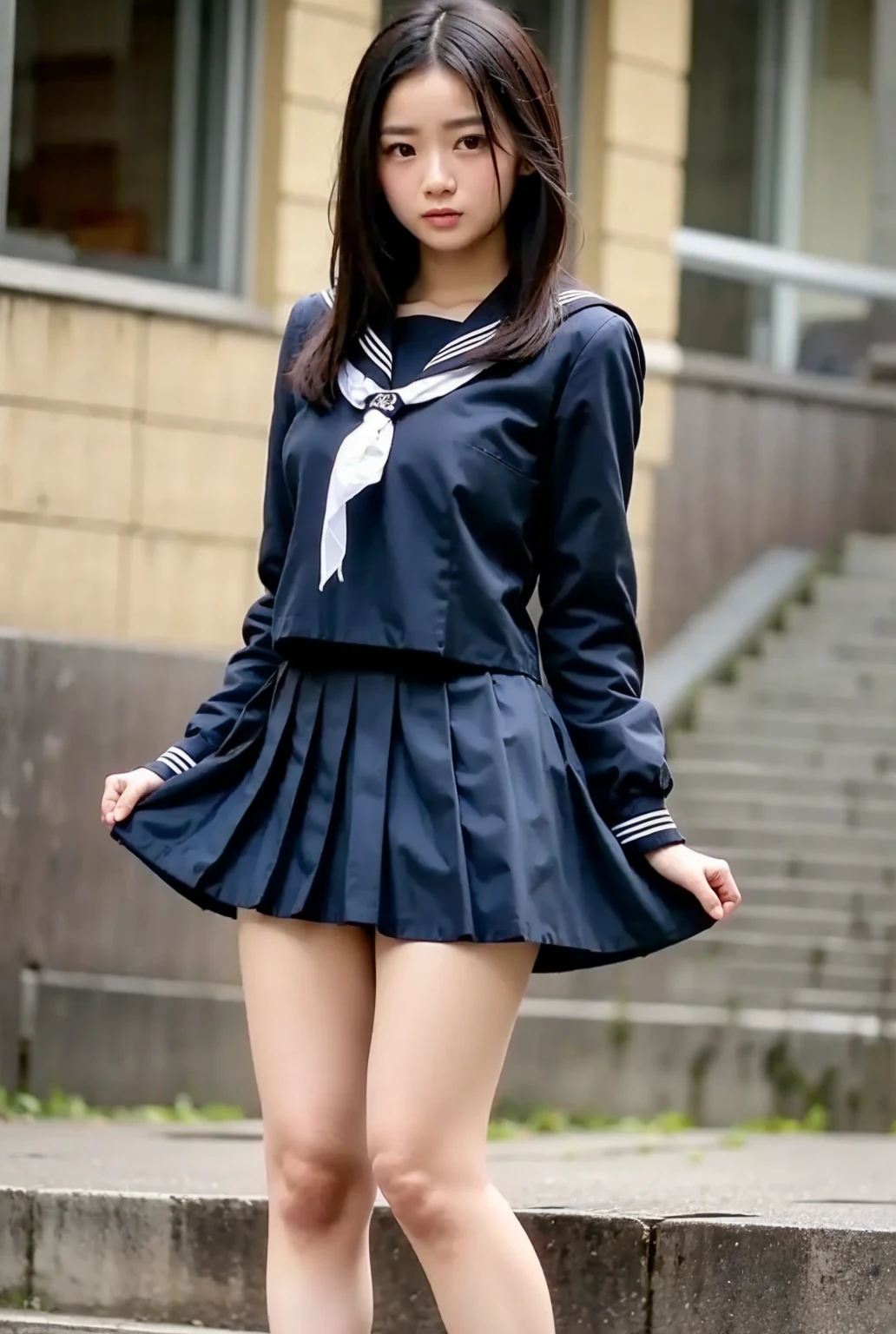 (masterpiece,highest quality,High resolution,Realistic:1.2),(one woman:1.5), (The high school girl is wearing a long-sleeved sailor uniform and a short navy blue pleated skirt, revealing a small amount of her white panties.:1.2),(Smiling with some teeth showing:1.3),(bob cut, black hair:1.3),(beautiful hands:1.3),(woman's hand:1.3),(Reduce exposed skin,The belly is not exposed:1.2),(cowboy shot:1.5),(16 year old Japanese female:1.2),(clothing that fits:1.2),(school hallway:1.3), (camel toe:1.3), (big butt, thick thighs:1.2), (A is seen from below:1.4)