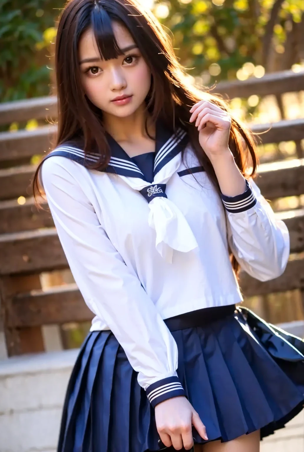(masterpiece:1.3), (8K, Realistic, RAW Photos, Best image quality: 1.4), Japanese, (One adult girl), cute,cute、 (Lively Faces), Beautiful hairstyle, Realistic eyes, Beautiful eye details, (Realistic Skin), Beautiful skins, Charm, 超High resolution, 超Realistic, Attention to detail, Golden Ratio, (Detail Makeup:1.2), View your viewers,Tabletop, Highest quality, Very detailed, In detail, High resolution, Composition of the whole body、Open leg pose、Boldly open your legs、美しいAttention to detail目, Fitness Wear, Natural color lip,Realistic、Realistic、alone、Realistic、Highest quality、Very detailed顔、Very detailed目と顔、Beautiful and detailed、Absurd、信じられないほどAbsurd、My hair is messy、Floating Hair、Brown Hair、Wavy Hairstyle、Medium Hair、(Extremely detailed CG、8K Picture Wallpaper)、(Very delicate and beautiful)、(masterpiece)、(Highest quality:1.0)、(超High resolution:1.0)、Beautiful lighting、Perfect Lightning、Realistic Shadows、[High resolution]、Detailed skin、Very detailedな、Detailed face and eyes、Realistic eyes、Sharp pupils、Beautiful Face、plein air、Downtown Japan、Amidst the hustle and bustle、Blurred Background、Glowing Skin、Blunt bangs、Red Eye、(Sailor suit 1.2)、Sailor suits have long sleeves、Ultra HD Photos, 8K quality, Outdoor, Systemic composition, Looking into the camera, Japan Perfect Beauty, Texture with visible pores, Perfect Face, Transparent muscle, Transparent muscle, Beautiful and toned body, Muscular, thin, Small breasts, Tight ass and small breasts、Small Ass、 Bloomers (Bloomers  Japan School, Seamless Design, 単色のBloomers, Bloomers are dark blue, Exactly、Bloomers are elastic fabrics、Bloomersの長さはへそから３ｃｍThe following degrees::, )Legs wide open、、Expressionless、(Turn face to the side、)
