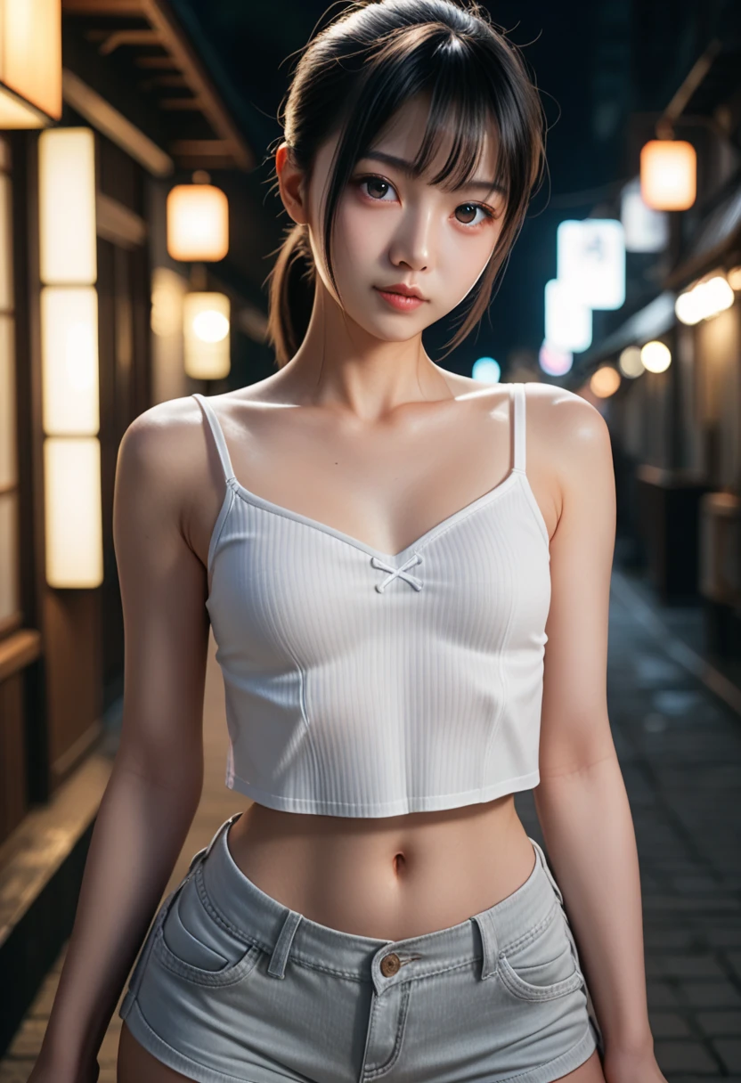 ((of the highest quality, 8K, masutepiece: 1.3, Raw photo)), Sharp Focus: 1.2, (1 AESPA Girl :1.1), Solo, (Realistic, Photorealistic: 1.37), (Face Focus: 1.1), Cute face, hyperdetailed face, (short messy hair: 1.2), Small Smile, Small breasts, flat chest, full nude, standing, (taking off her Off-the-shoulder chiffon shirt, chiffon panties: 1.2), Thigh, looking away, bustling cityscape, towering skyscrapers, starry sky