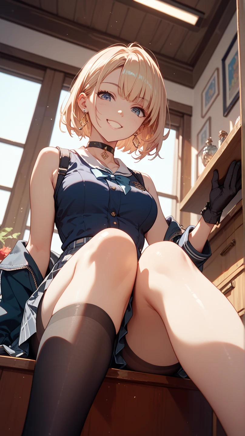 (masterpiece:1.2, Highest quality),(anime), -yeld gi,Purple Eyes,Beige hair,Bangs are the same length from end to end,My bangs are covering my eyebrows,The forehead is covered with bangs,No gaps in the front hair,Cropped bangs,Bangs,Wearing a black dress over a white shirt,Black knee socks