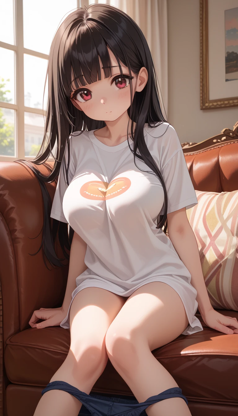 1girl, Long black hair, Yellow eyes, Detailed eyes, Huge breast, White plain Shirt, Red shorts, White socks, Sitting on bed, Bedroom, Slight smile,