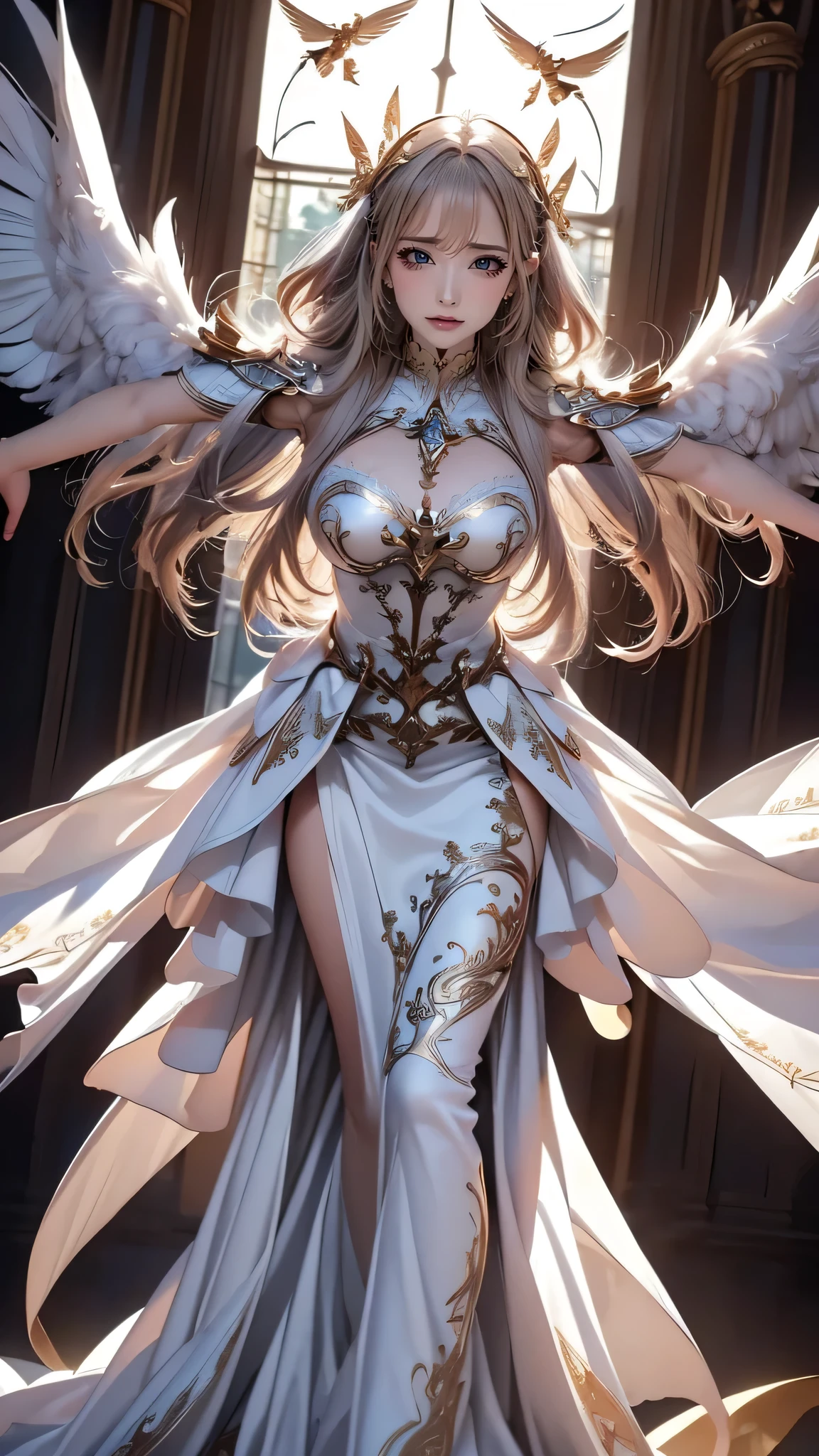 Angel with 30 years old woman full body wearing long white with mages details in yellow gold holding firmly trobeta +++ , fearless, not sexy, angel wings, sky, bow, clouds, ultra details +++, milky way, universe, ultra realist, stunning details, gold, white wealth, whole body ++.