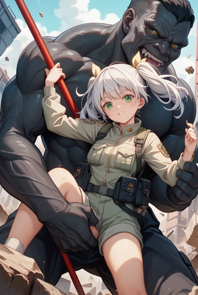 masterpiece, best quality,anime style, 1 girl,(((slender body))), (((small breast))),(((hot pants, white tanktop,red tie,glasses))),(((((a gorilla man grabbing the girl))))), ((((restrained, arms behind back)))),((((cum)))), (beautiful face), (((long hair))), (((straight hair))), ((((silver hair)))),detailed beautiful skin, (perfect hands, perfect anatomy)