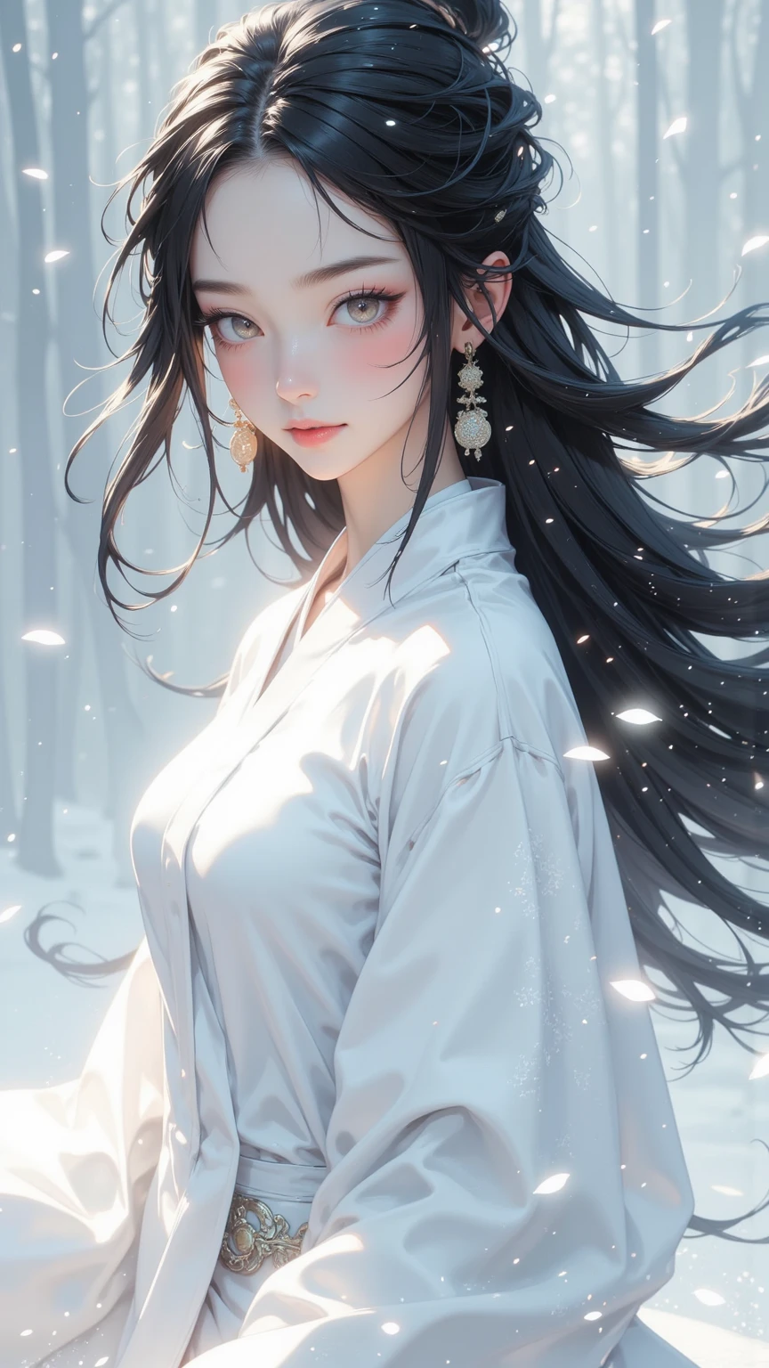 Top Quality, Realistic, Jet Black Background, High Resolution, Soft Focus, (Snowfall: 1.5), (Haze: 1.5), (In the Deep Forest), (Falling Snow), ((Snow Light)), (Snow Storm)), (Snow Storm)))), (Ghost of a beautiful snow woman with jet-black long black hair in a white silver yukata: 1.8), (((Fade out: 1.5))), Anger, Fury, Melancholy, (Shaking black hair), Hair gloss, glowing skin, beautiful and beautiful, (losing yourself in anger and forgetting the cold)), ((arms spread forward)), (monochrome: 1.5), (black and white: 1.5), (glaring platinum eyes), whiteout, white and white, gradient, fade out lower body
