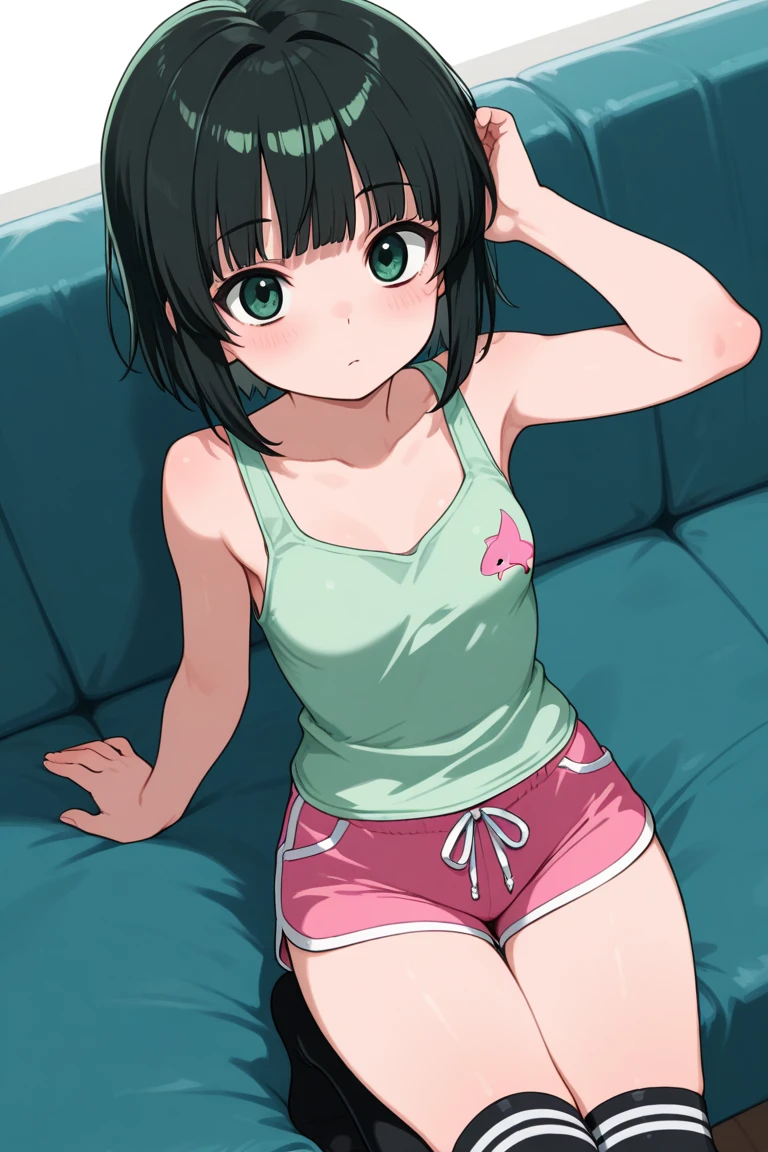 masterpiece, best quality, 1girl, short black hair, twin tail hairstyle, green eyes, white bikini, small breasts, happy, blushing, big earrings, sweating, in a classroom setting, blushing, sitting, spread legs, full body